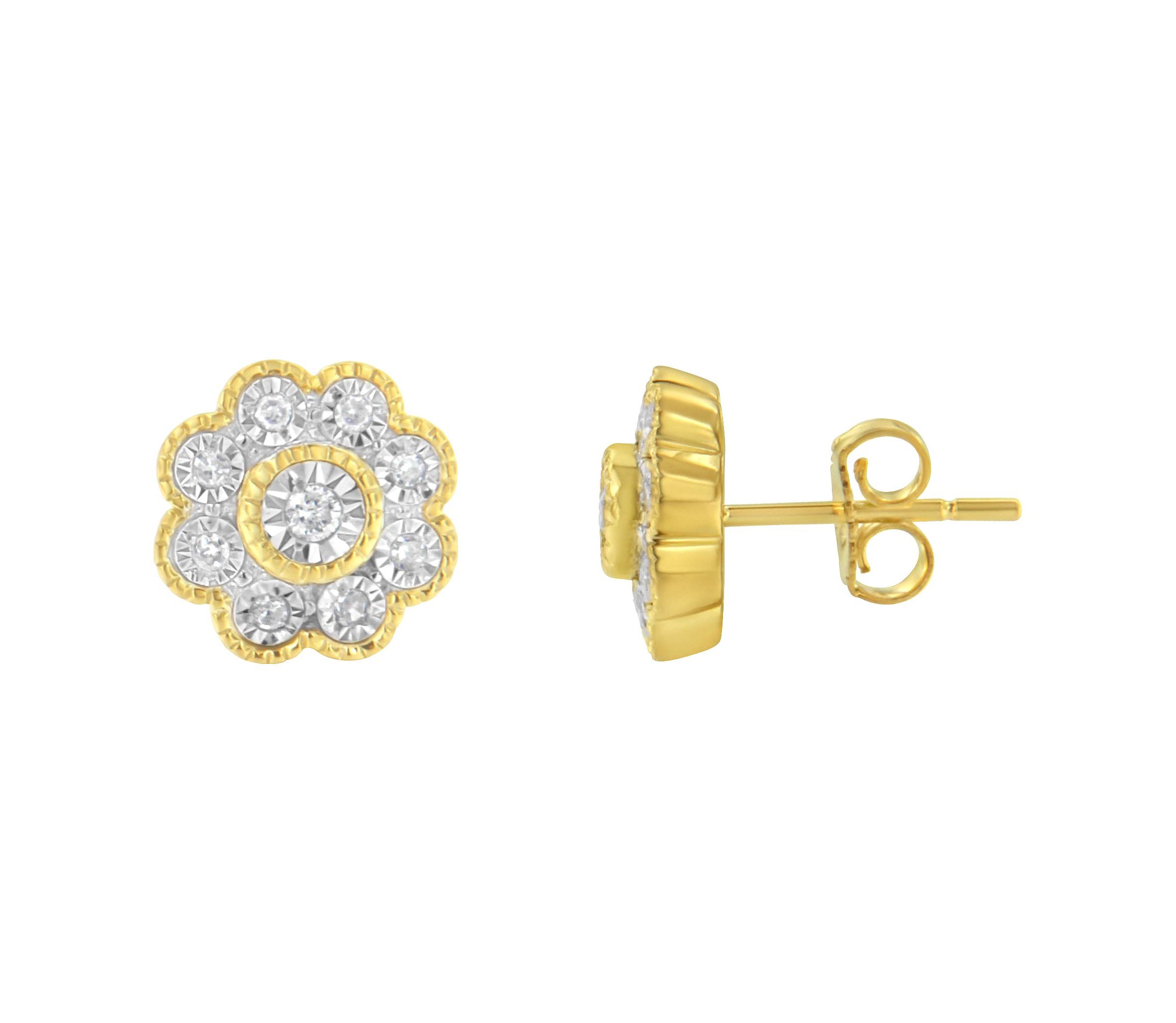14K Yellow Gold Plated Silver 1/6 Ct Miracle-Plate Diamond Floral Stud Earrings
