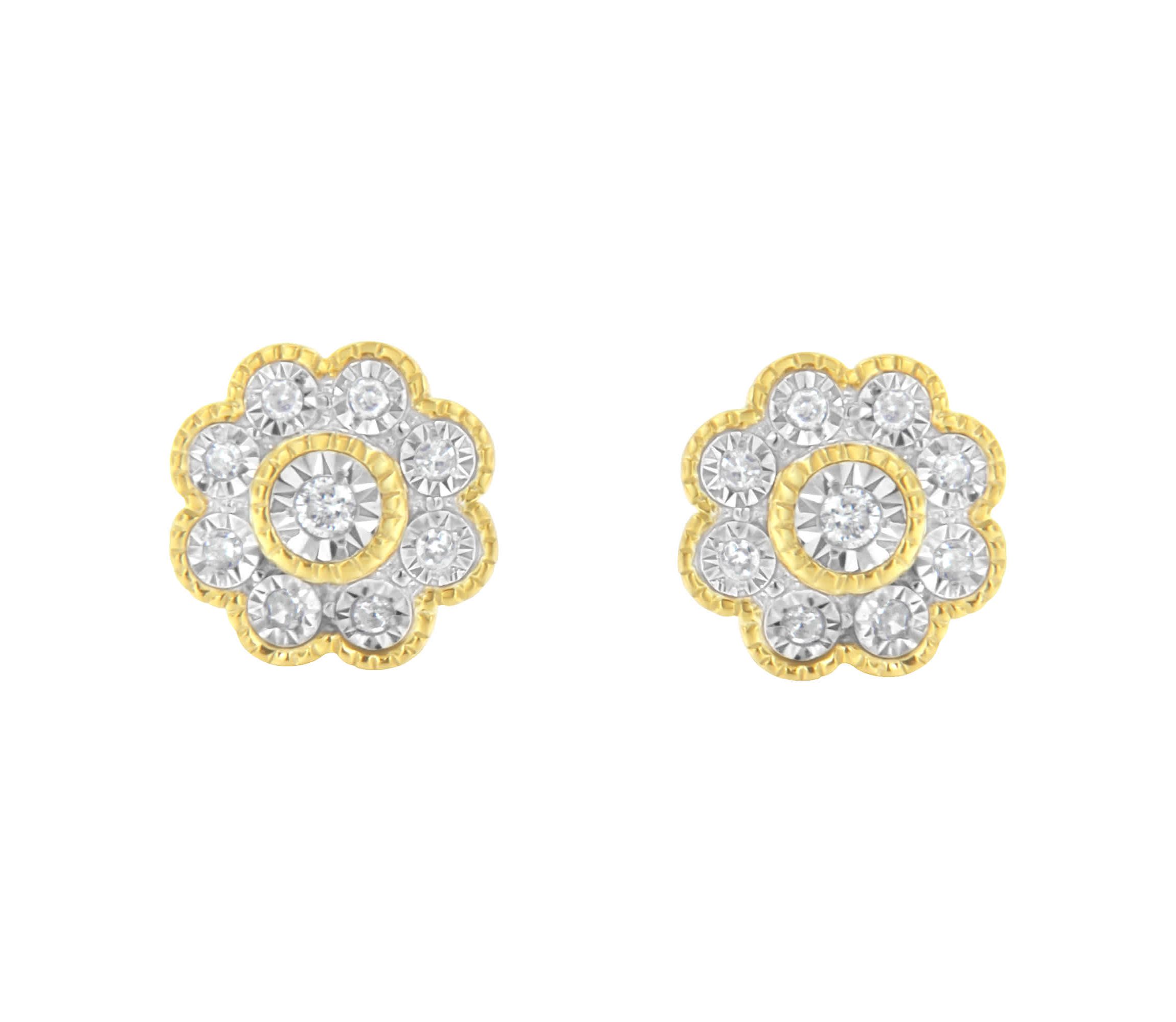 14K Yellow Gold Plated Silver 1/6 Ct Miracle-Plate Diamond Floral Stud Earrings