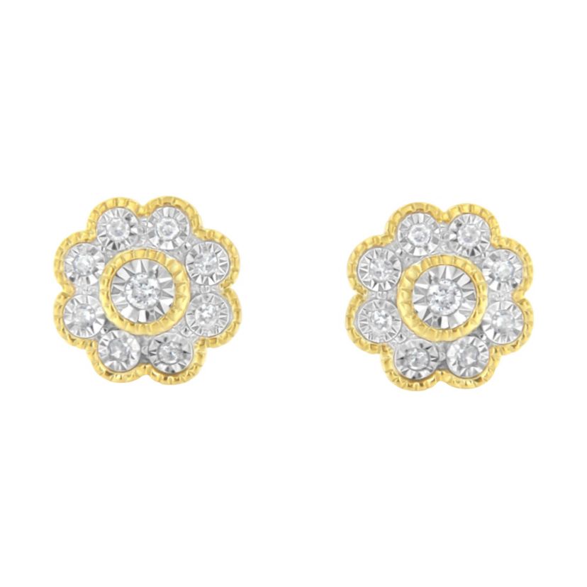 14K Yellow Gold Plated Silver 1/6 Ct Miracle-Plate Diamond Floral Stud Earrings