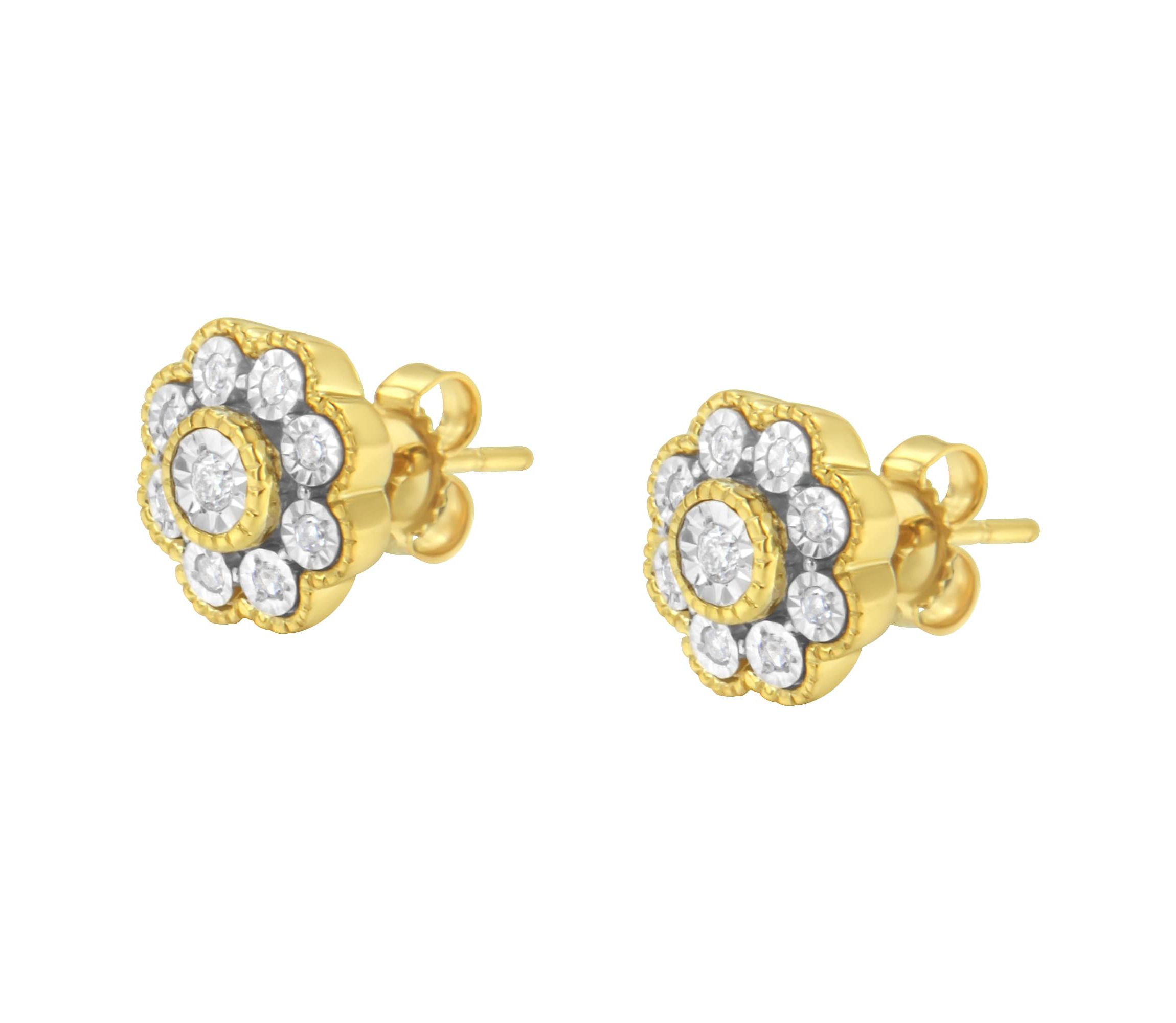 14K Yellow Gold Plated Silver 1/6 Ct Miracle-Plate Diamond Floral Stud Earrings