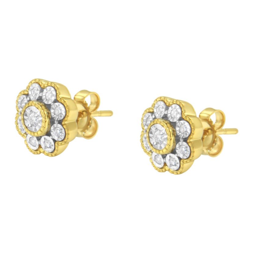 14K Yellow Gold Plated Silver 1/6 Ct Miracle-Plate Diamond Floral Stud Earrings