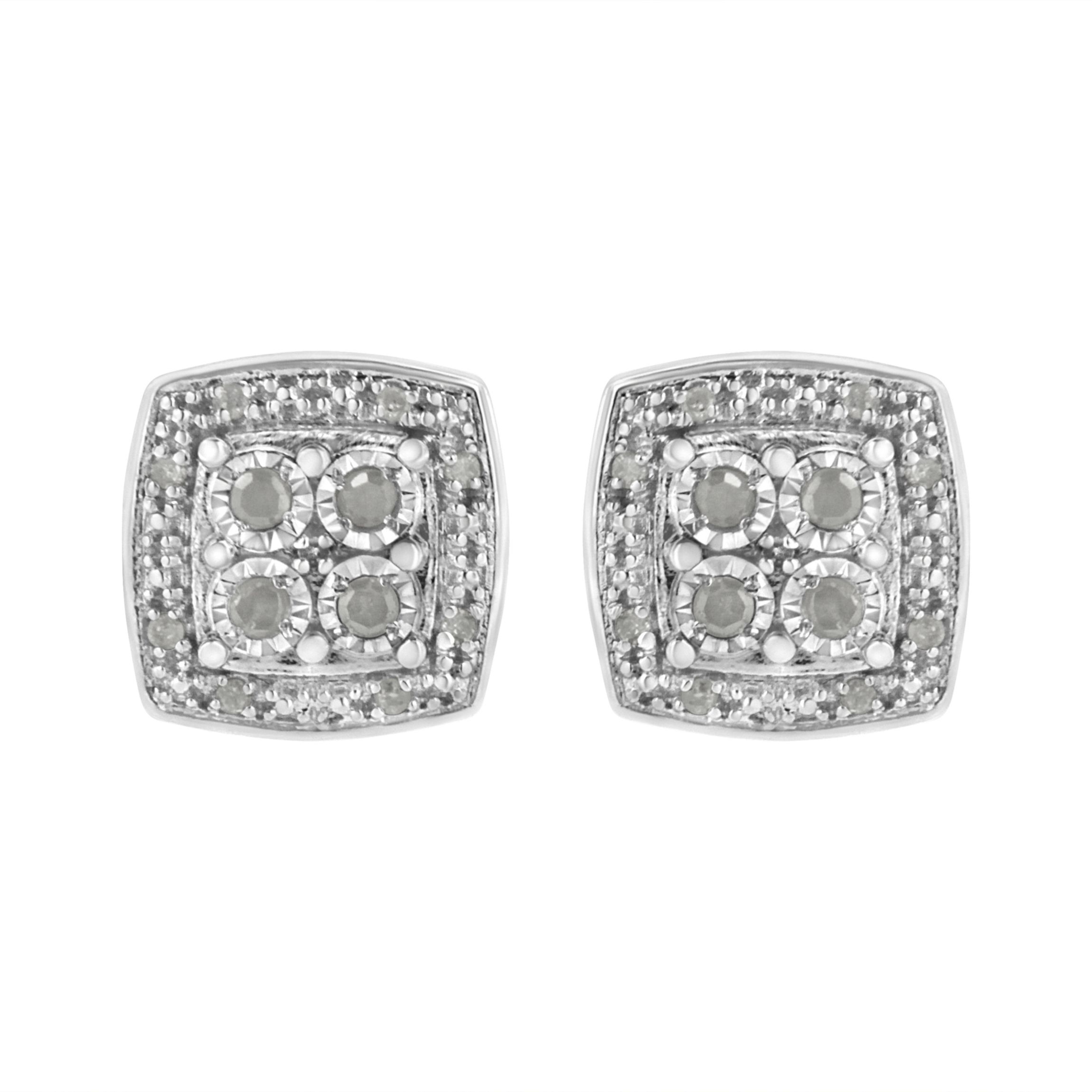 Silver 1/4 Ct Round Diamond Square Shape Milgrain Stud Earrings