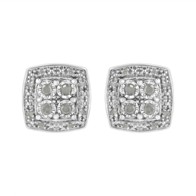 Silver 1/4 Ct Round Diamond Square Shape Milgrain Stud Earrings