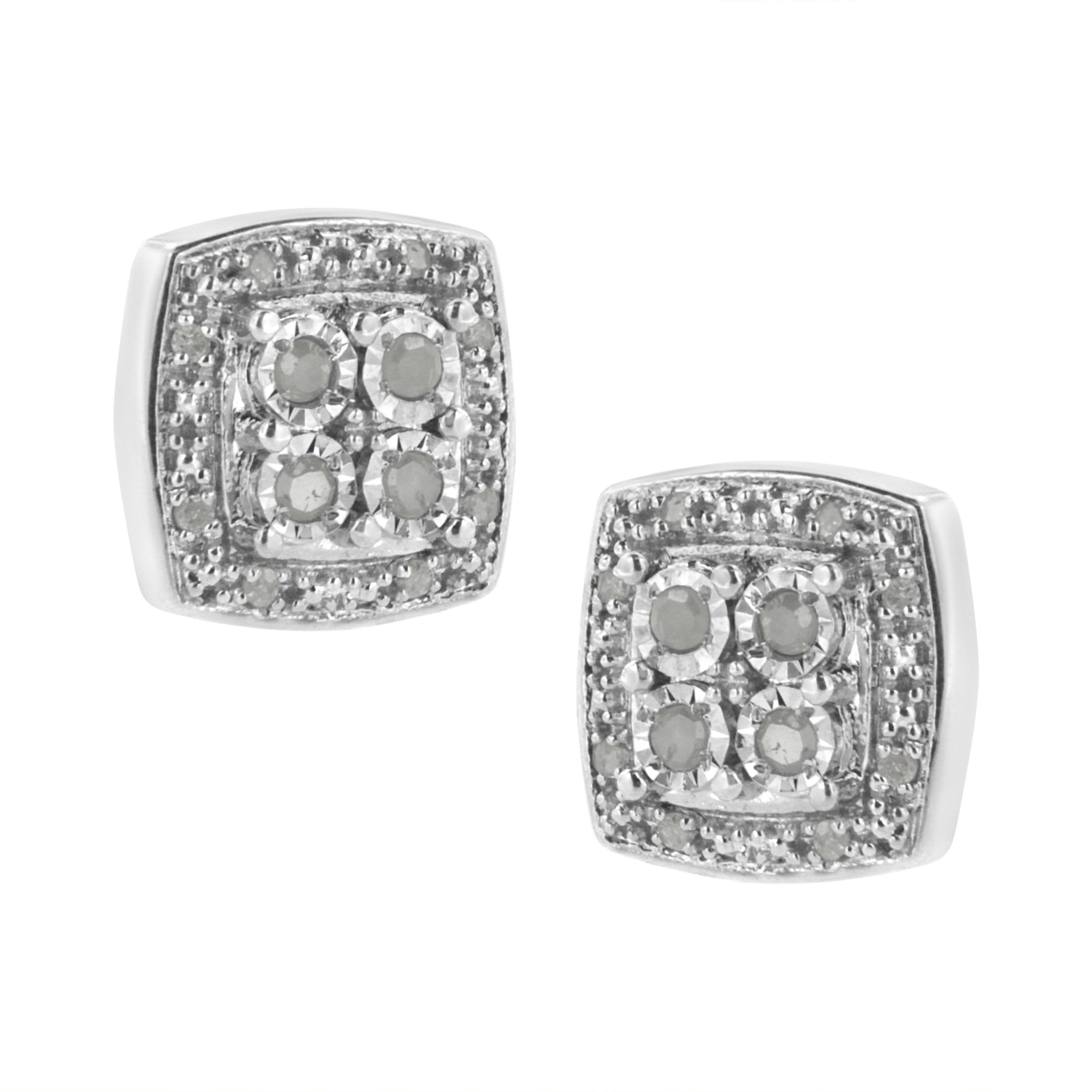 Silver 1/4 Ct Round Diamond Square Shape Milgrain Stud Earrings