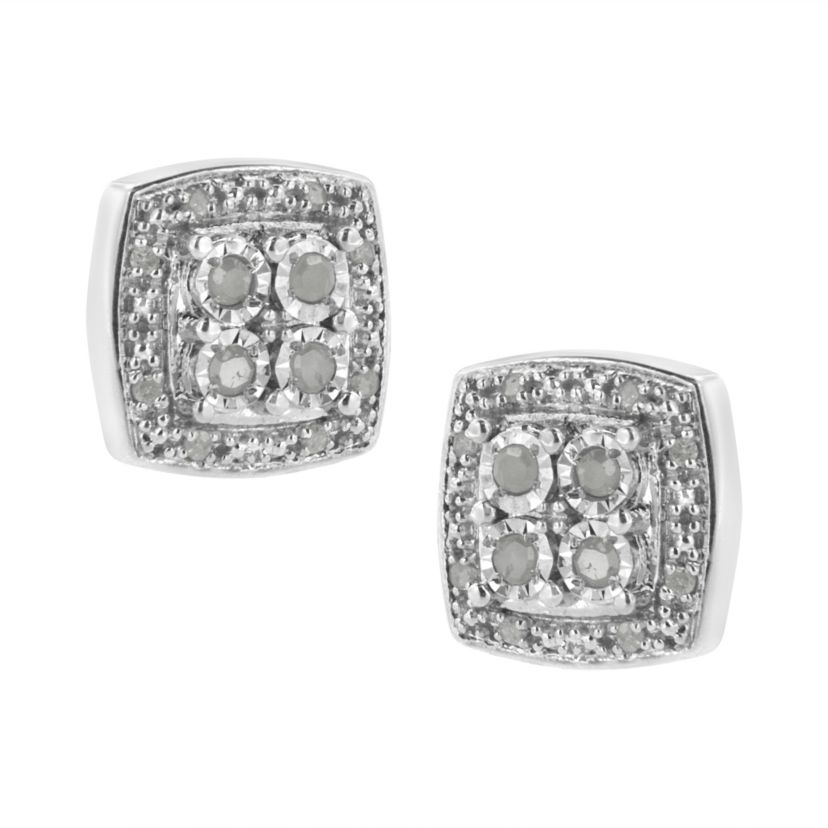Silver 1/4 Ct Round Diamond Square Shape Milgrain Stud Earrings