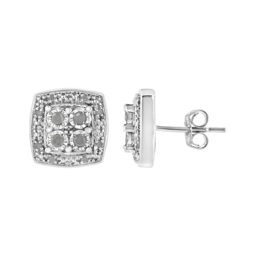 Silver 1/4 Ct Round Diamond Square Shape Milgrain Stud Earrings
