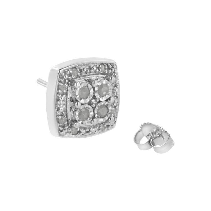 Silver 1/4 Ct Round Diamond Square Shape Milgrain Stud Earrings