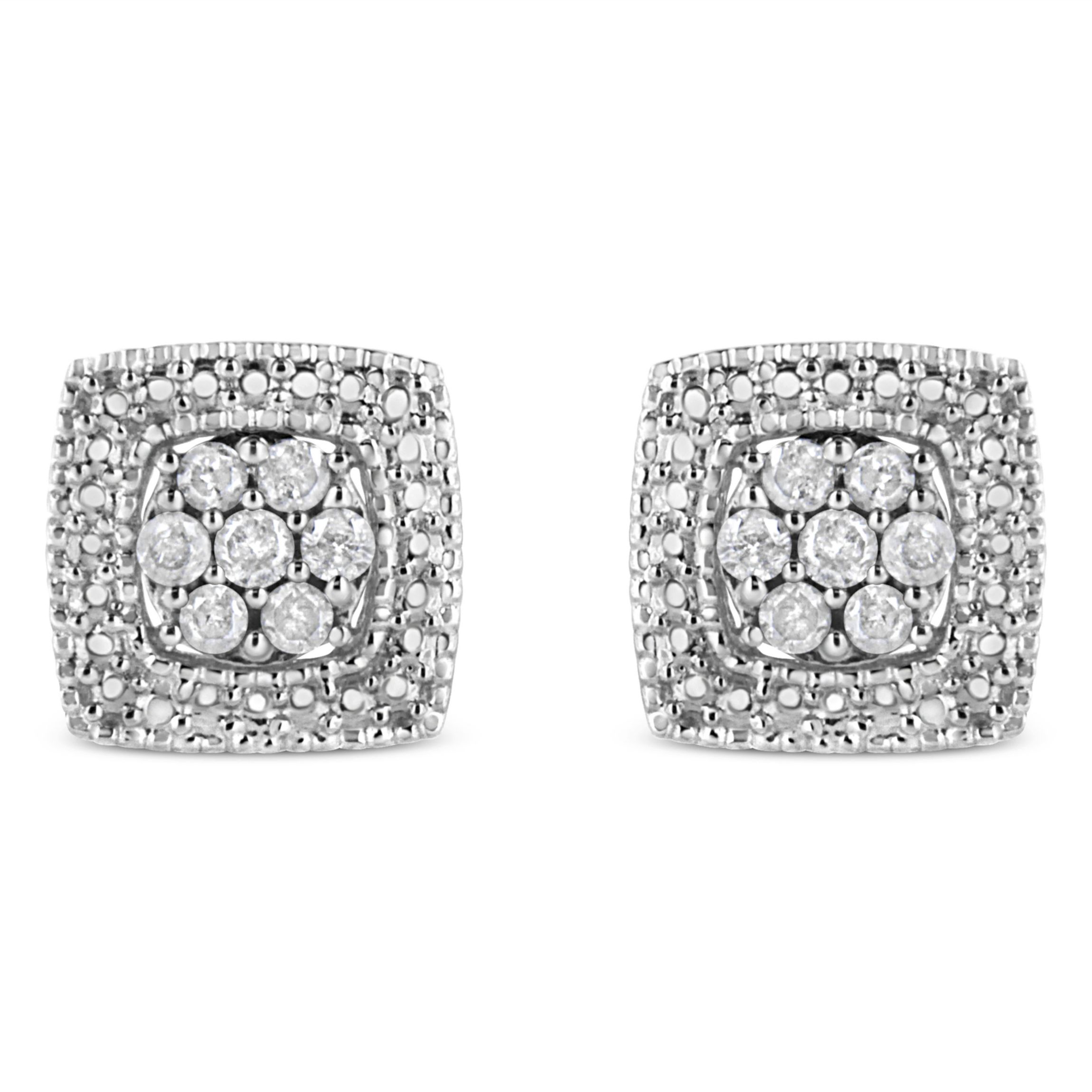 Silver 1/2 Ct Diamond Miligrain Square Shape Stud Earrings