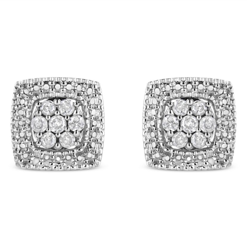 Silver 1/2 Ct Diamond Miligrain Square Shape Stud Earrings