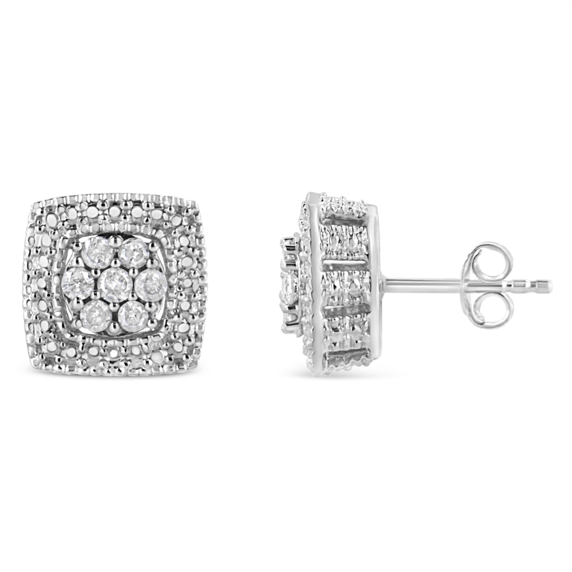 Silver 1/2 Ct Diamond Miligrain Square Shape Stud Earrings