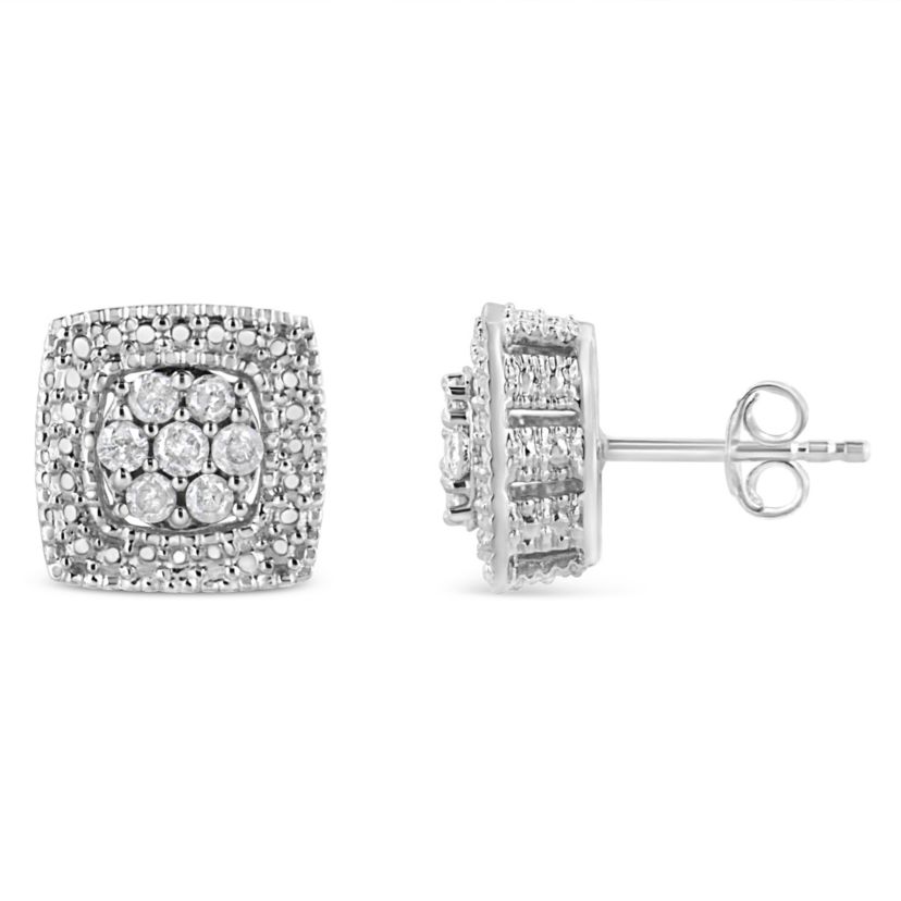 Silver 1/2 Ct Diamond Miligrain Square Shape Stud Earrings