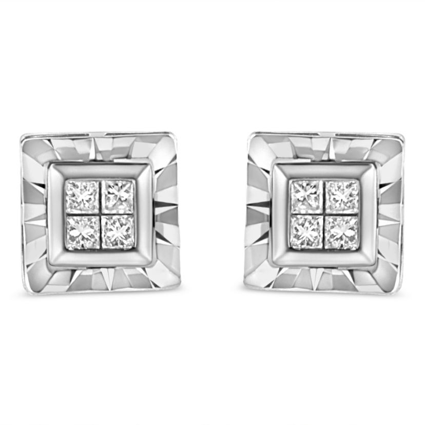 Silver 1/6 Ct Invisible Princess Quad Composite Stud Earrings