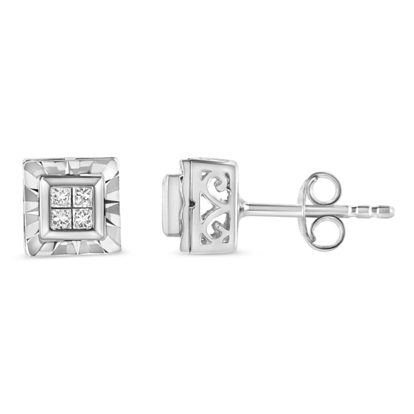 Silver 1/6 Ct Invisible Princess Quad Composite Stud Earrings