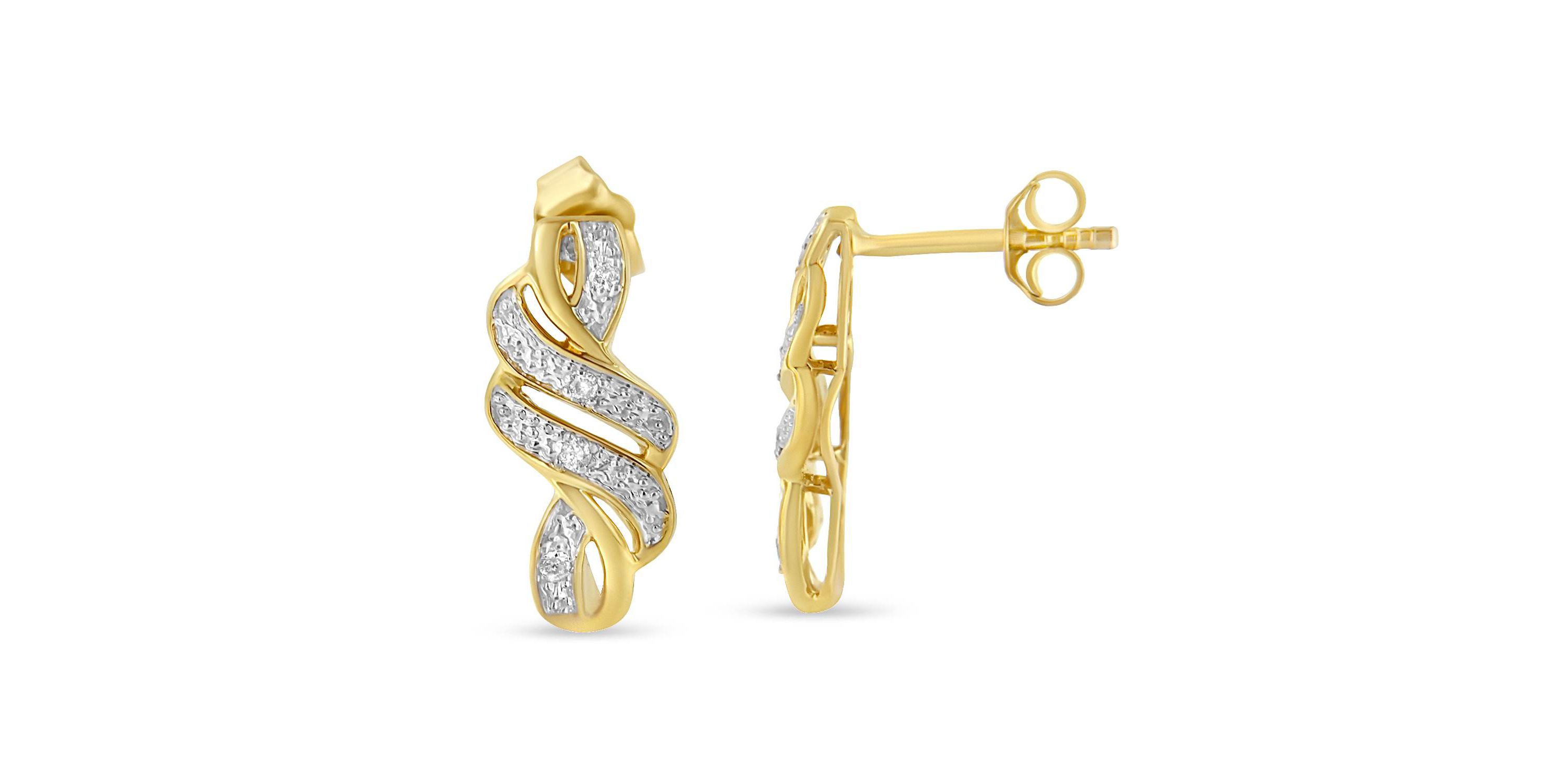 Yellow Plated Sterling Silver Round Diamond Swirl Earrings