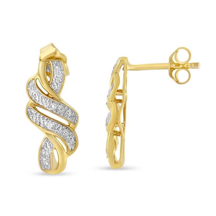 Yellow Plated Sterling Silver Round Diamond Swirl Earrings