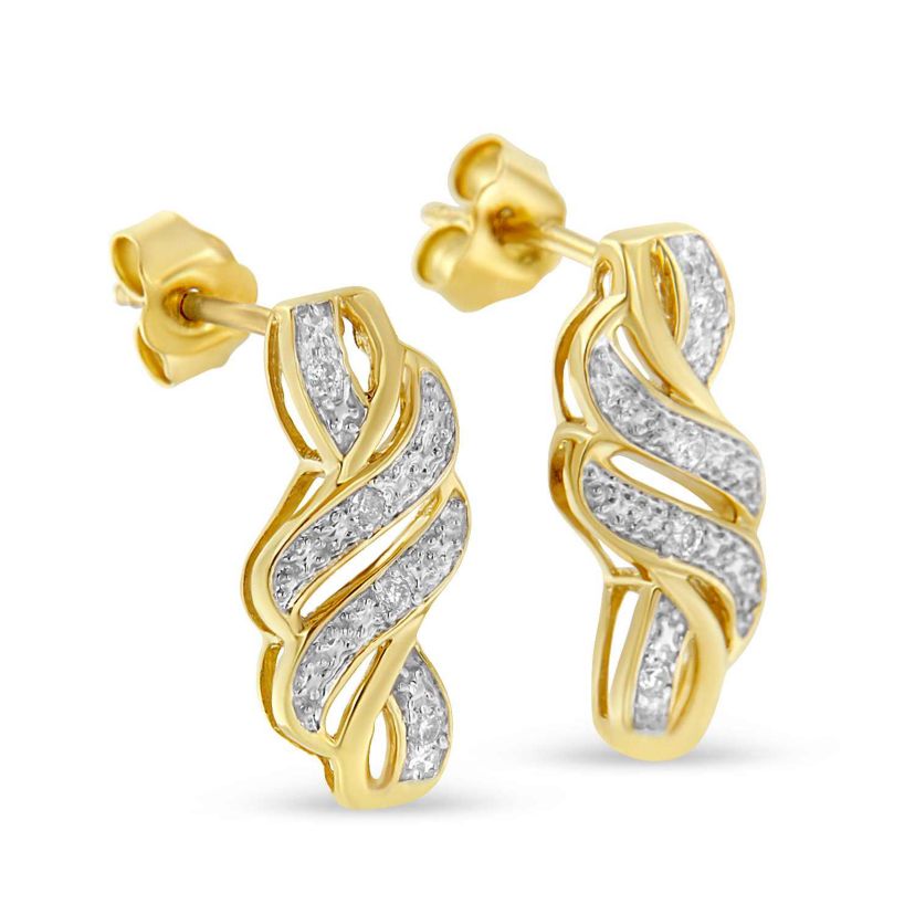 Yellow Plated Sterling Silver Round Diamond Swirl Earrings