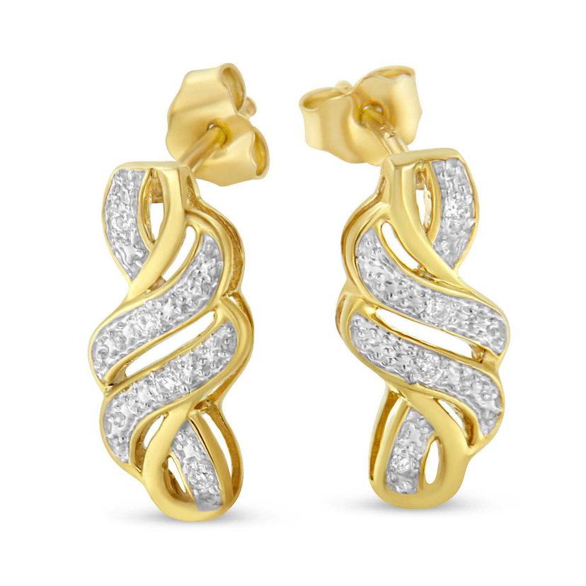 Yellow Plated Sterling Silver Round Diamond Swirl Earrings