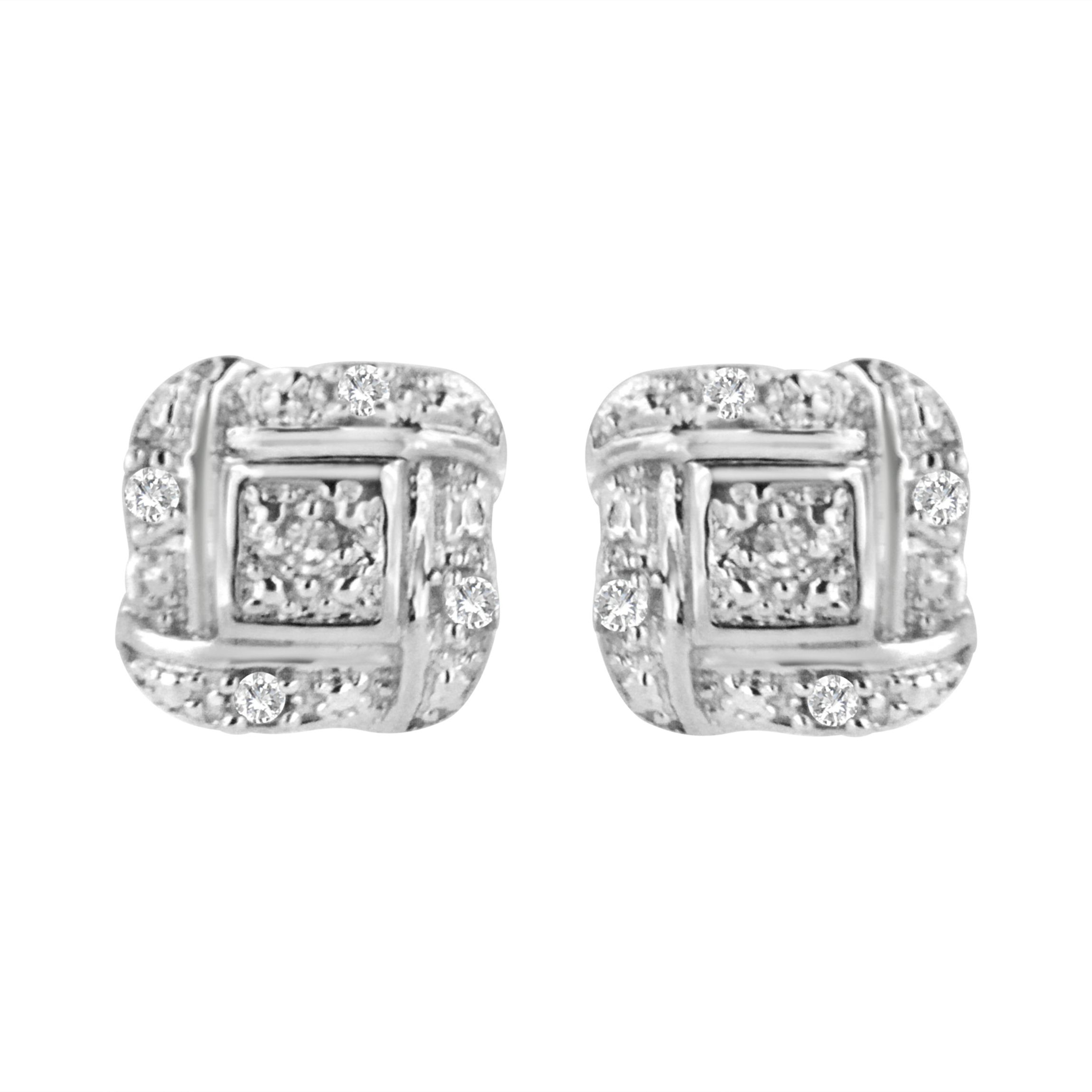 Silver Round Diamond Square Stud Earrings