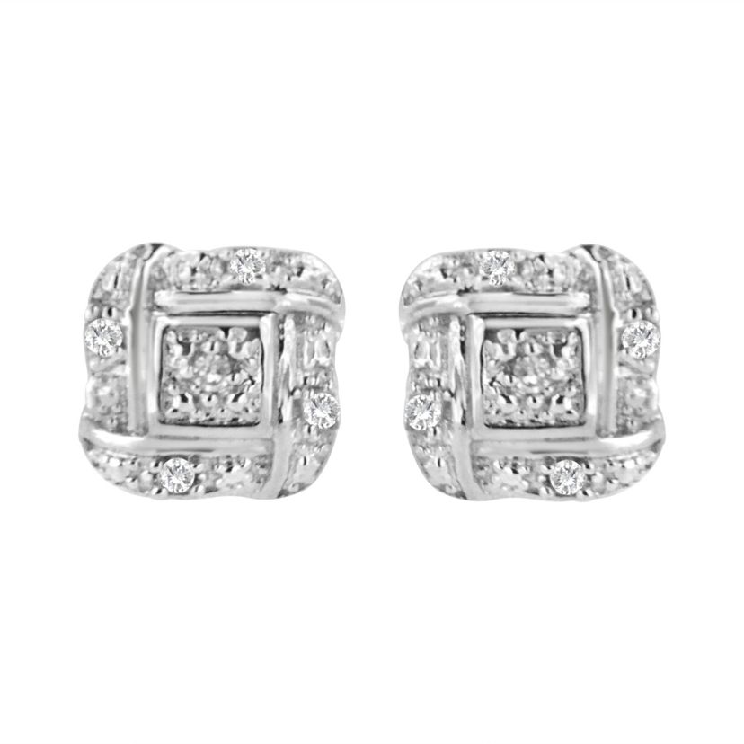 Silver Round Diamond Square Stud Earrings