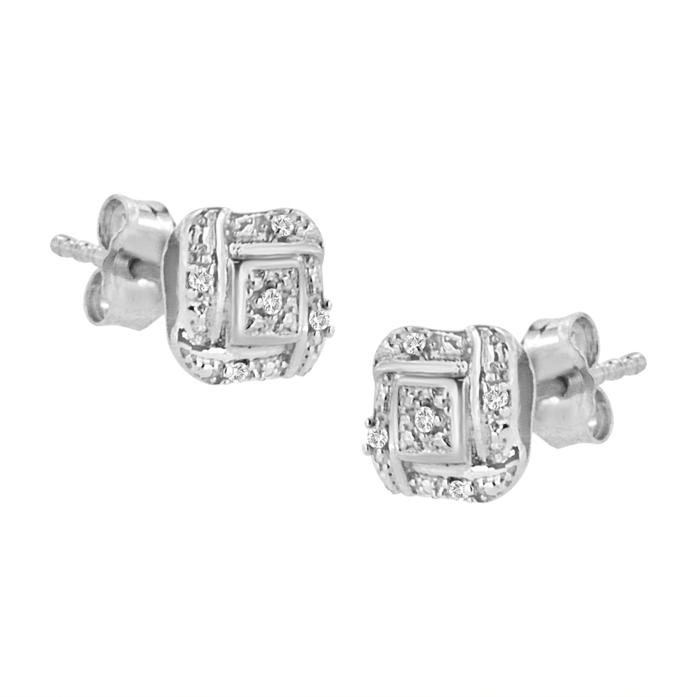 Silver Round Diamond Square Stud Earrings