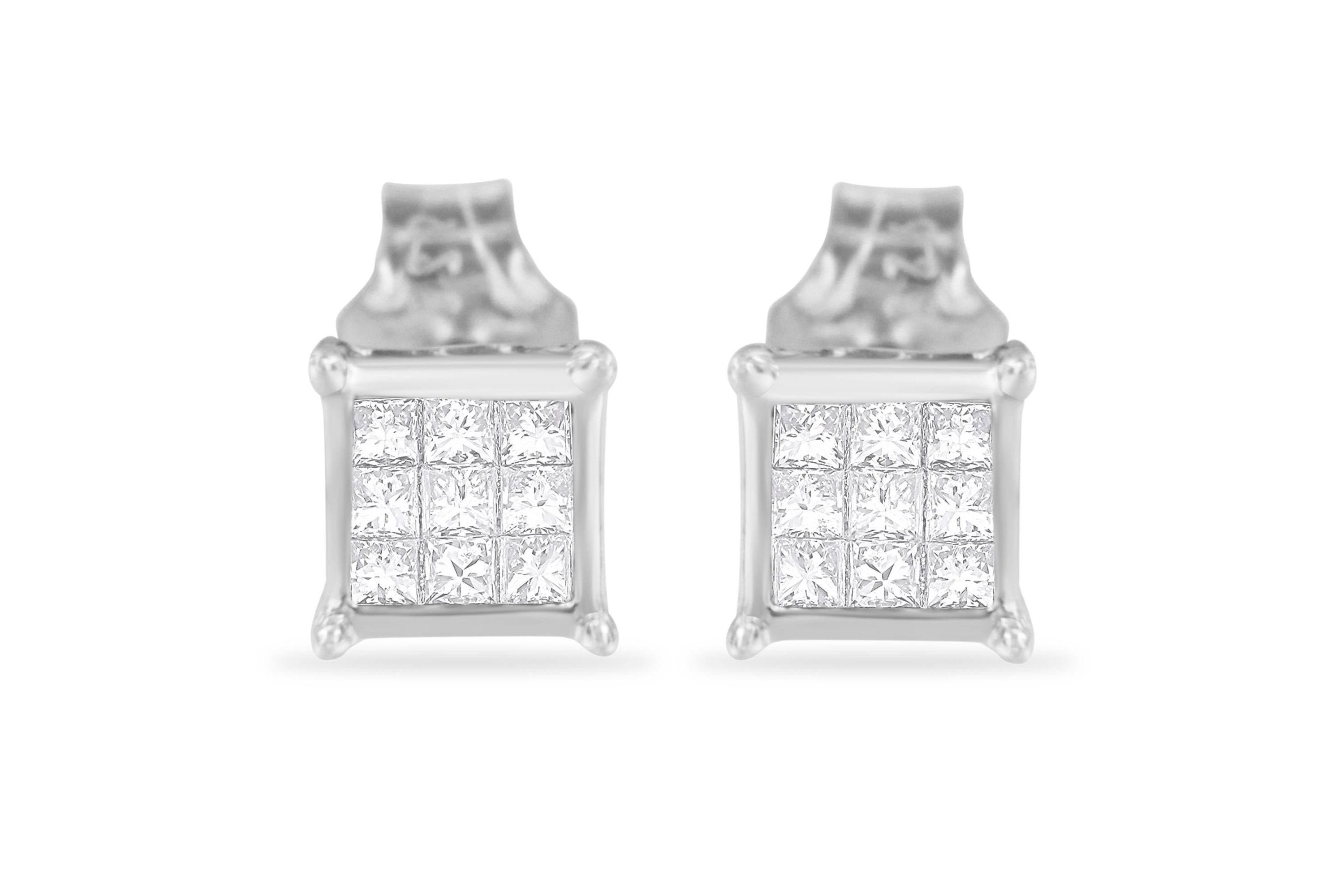 Sterling Silver Princess Diamond Square Stud Earrings