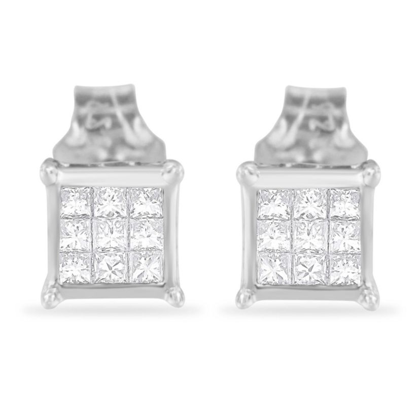 Sterling Silver Princess Diamond Square Stud Earrings