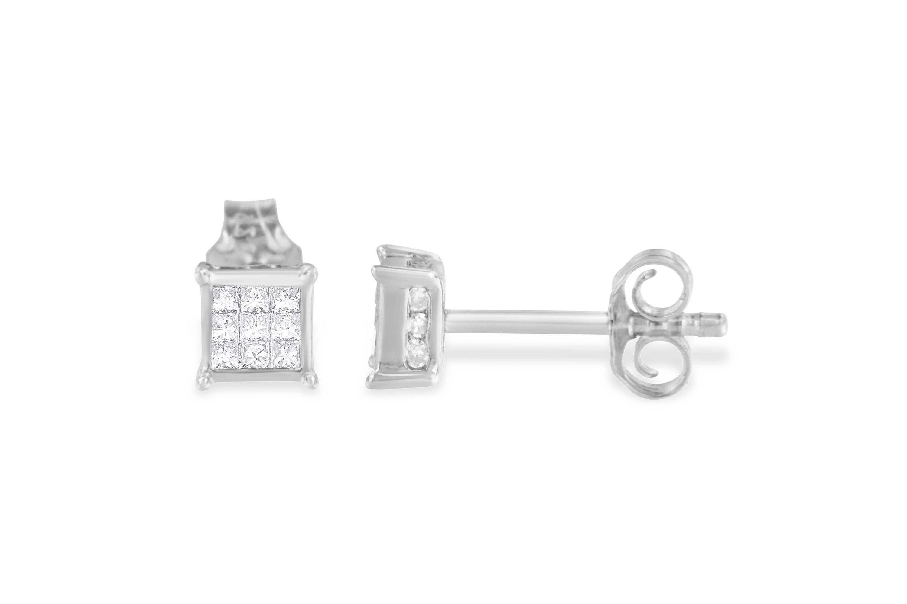 Sterling Silver Princess Diamond Square Stud Earrings