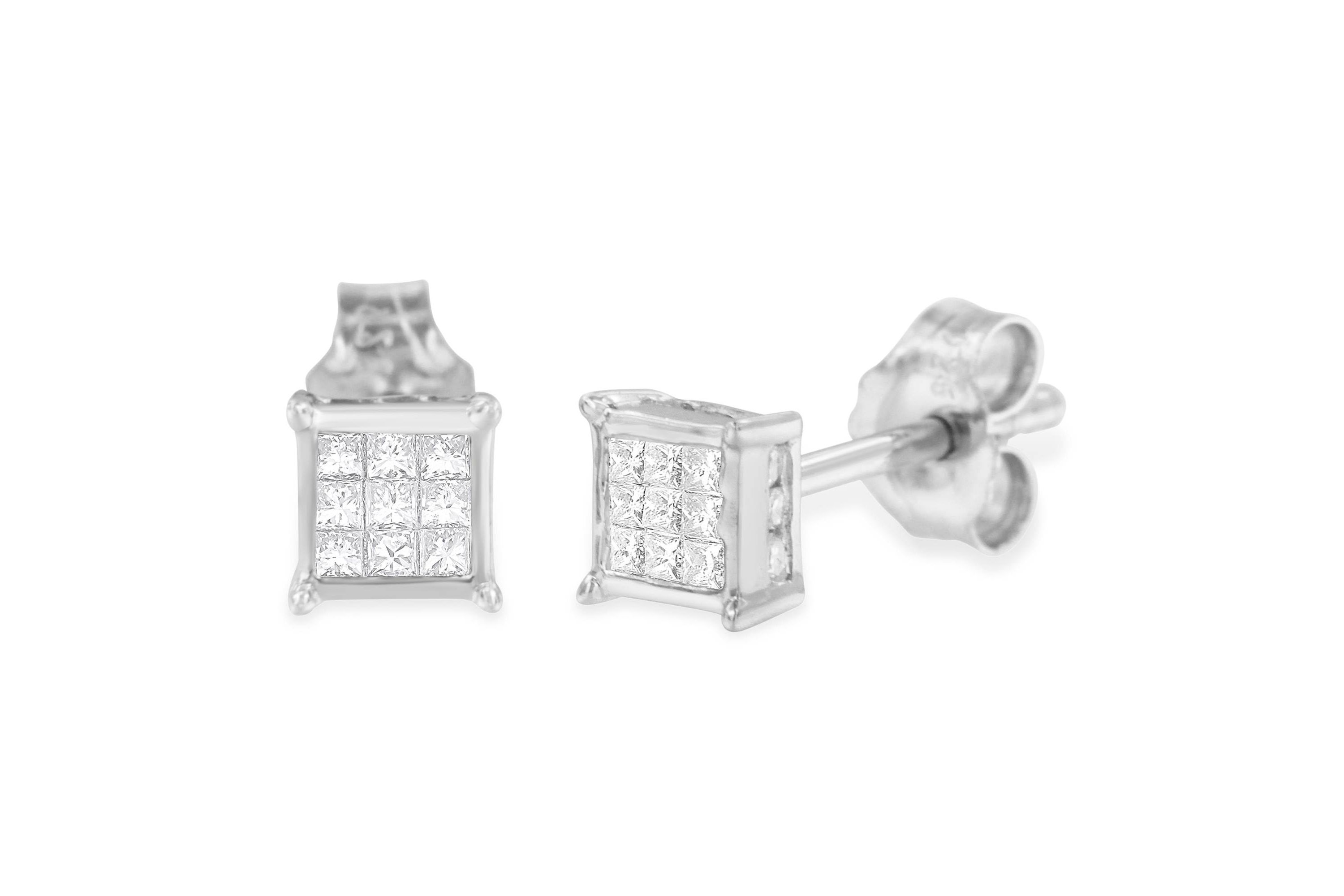 Sterling Silver Princess Diamond Square Stud Earrings