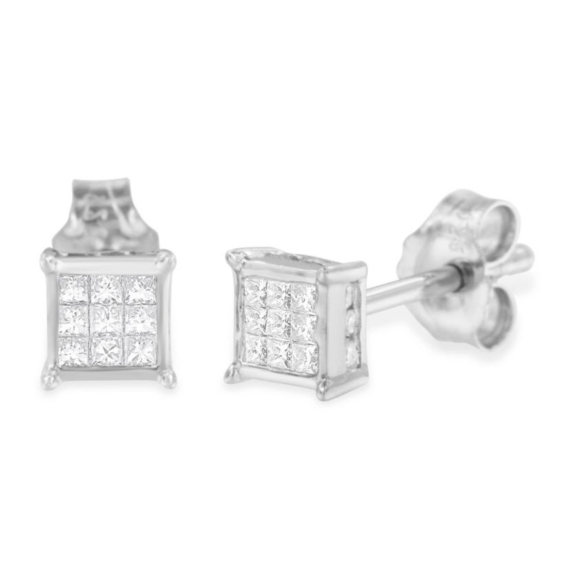 Sterling Silver Princess Diamond Square Stud Earrings