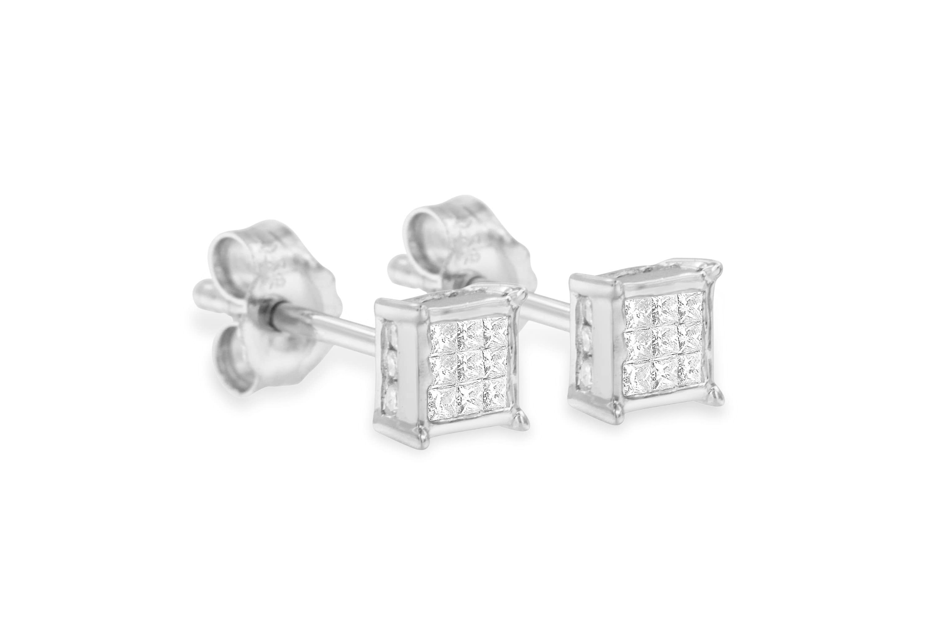 Sterling Silver Princess Diamond Square Stud Earrings