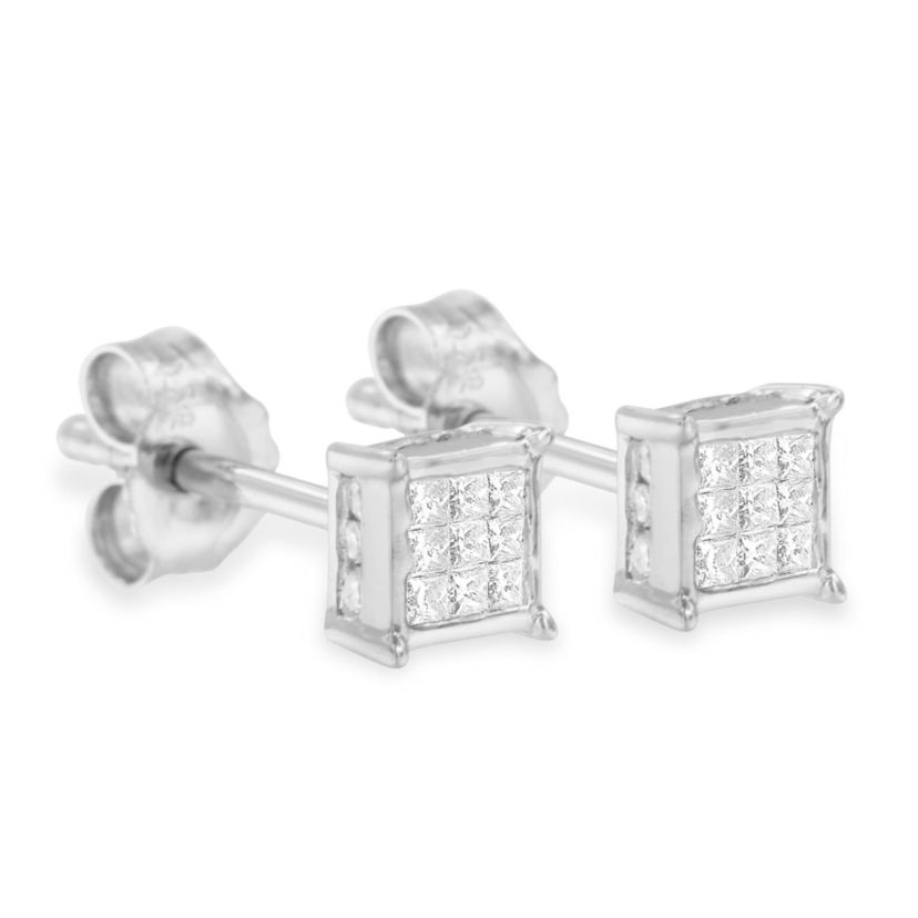 Sterling Silver Princess Diamond Square Stud Earrings