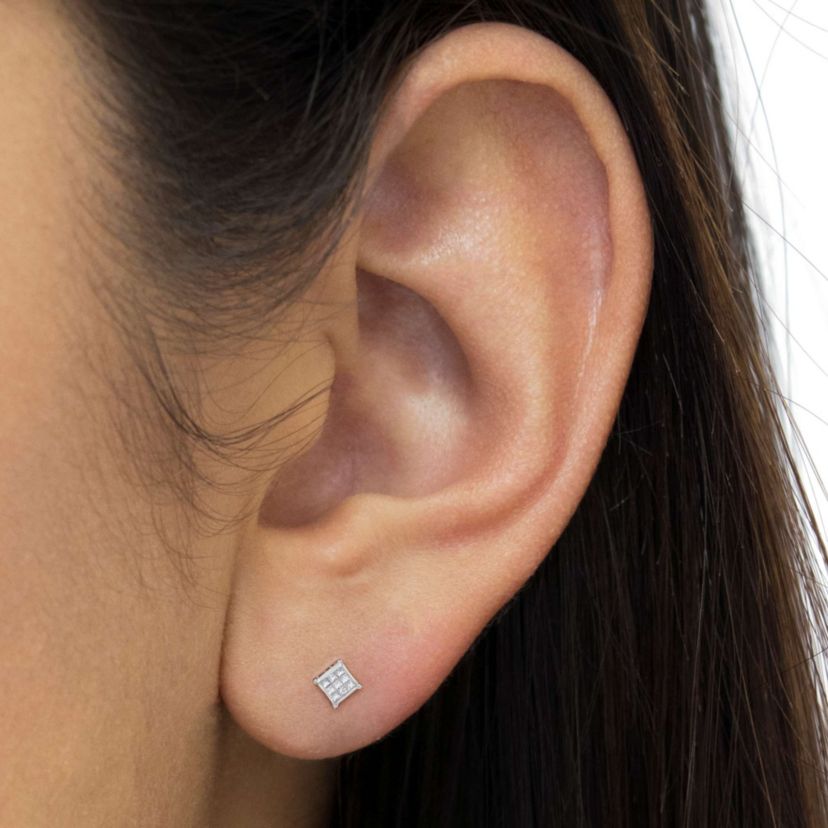 Sterling Silver Princess Diamond Square Stud Earrings