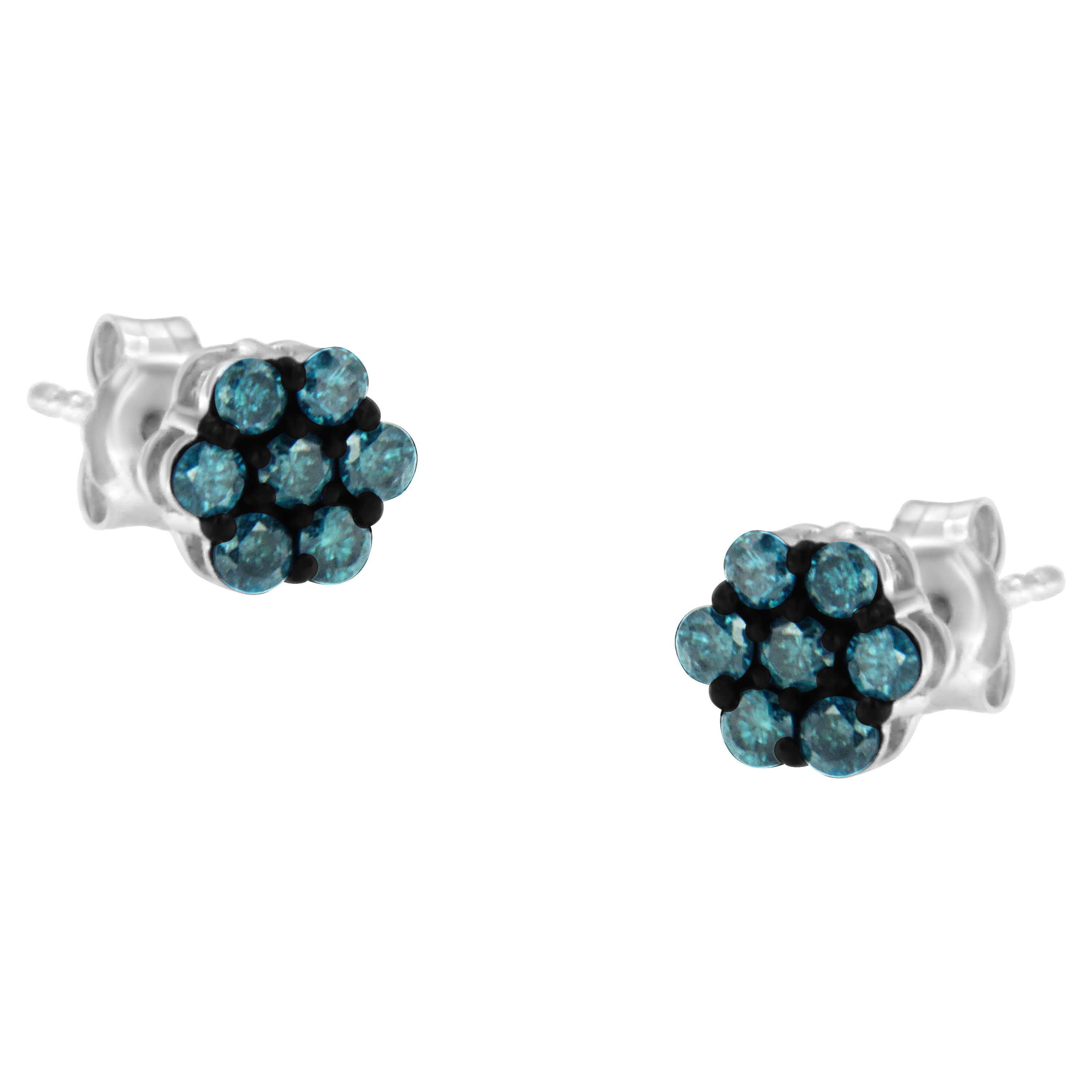 Sterling Silver Blue Diamond Floral Stud Earrings