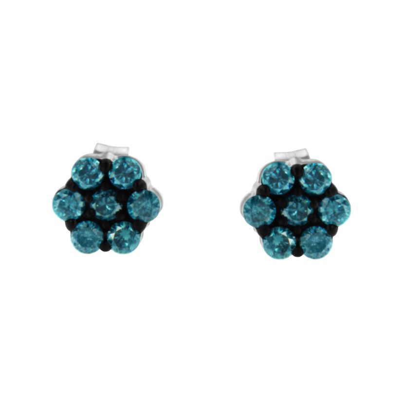 Sterling Silver Blue Diamond Floral Stud Earrings