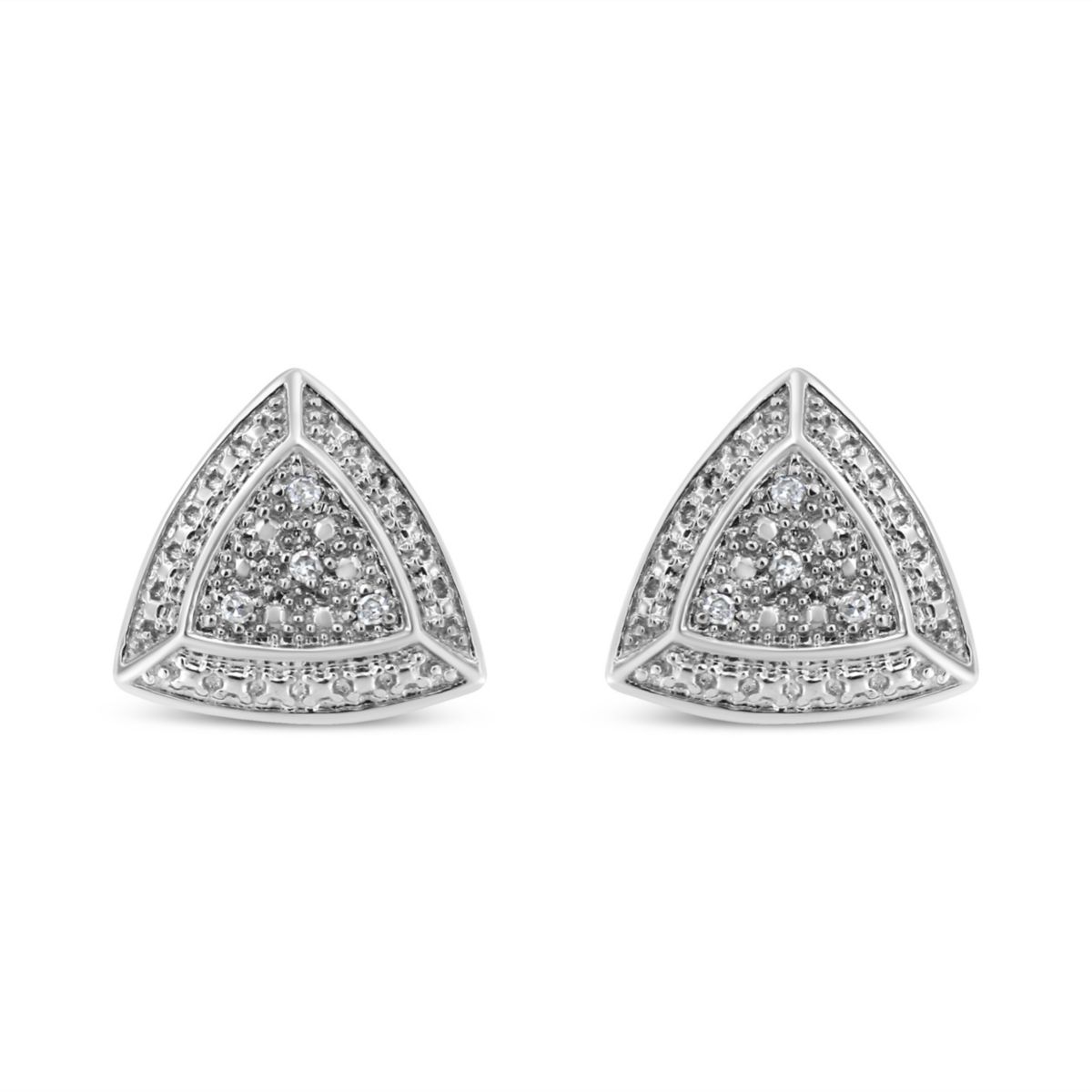 Silver Diamond-Accented Trillion Shaped 4-Stone Halo-Style Stud Earrings