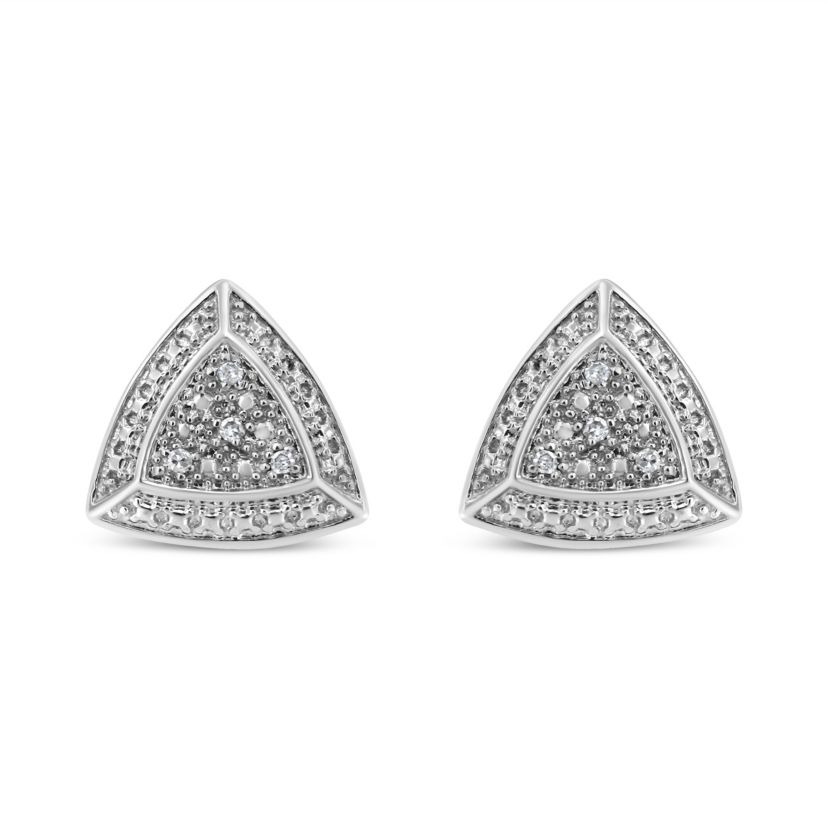 Silver Diamond-Accented Trillion Shaped 4-Stone Halo-Style Stud Earrings