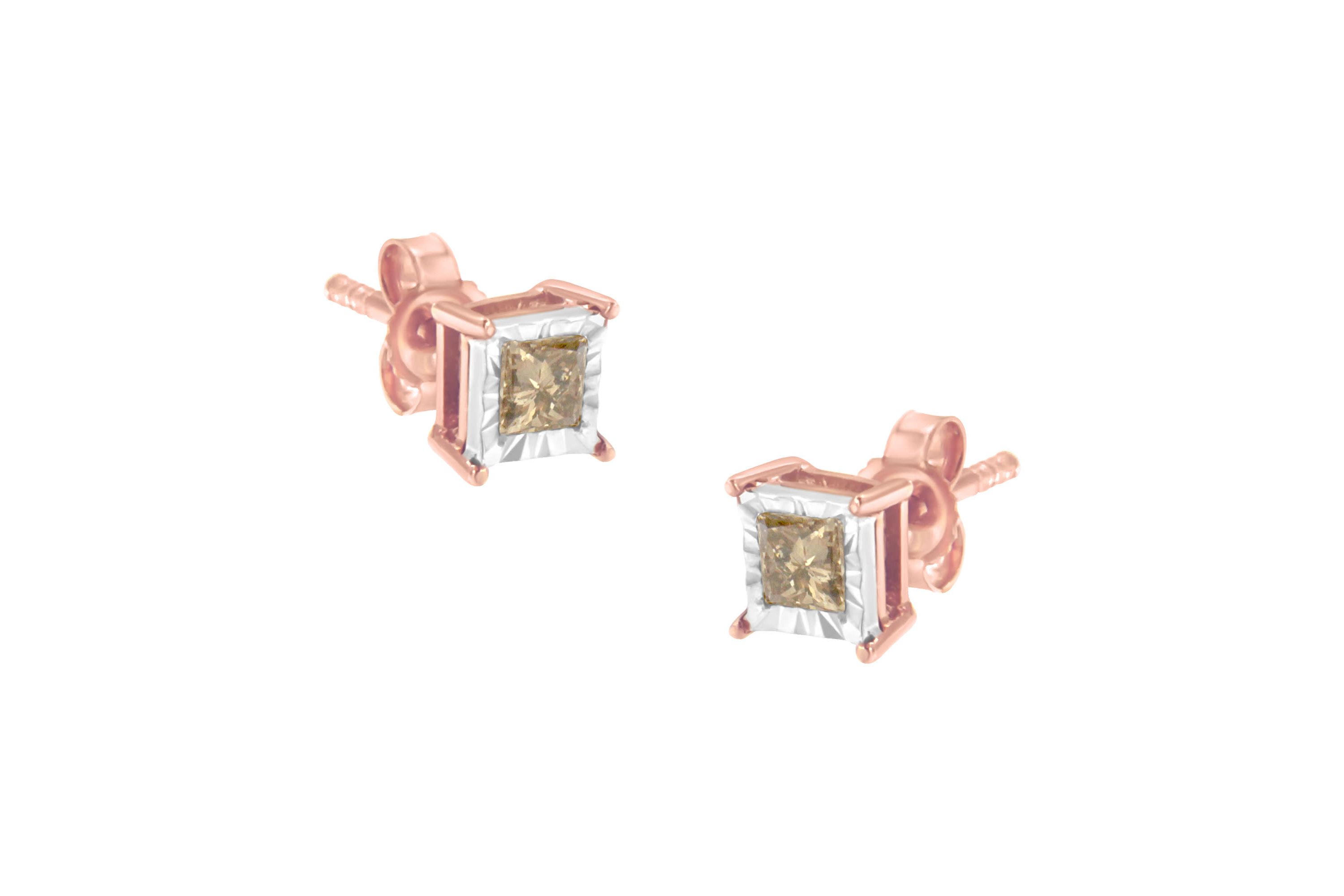 14K Rose Gold Plated 1/2 Ct Princess Diamond Solitaire Stud Earrings
