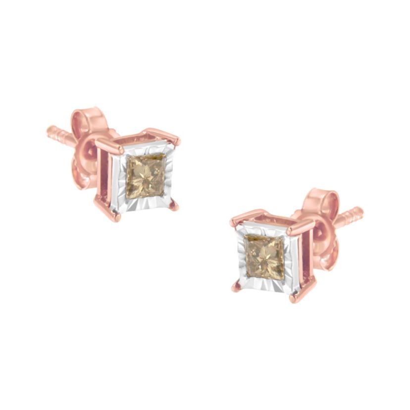 14K Rose Gold Plated 1/2 Ct Princess Diamond Solitaire Stud Earrings