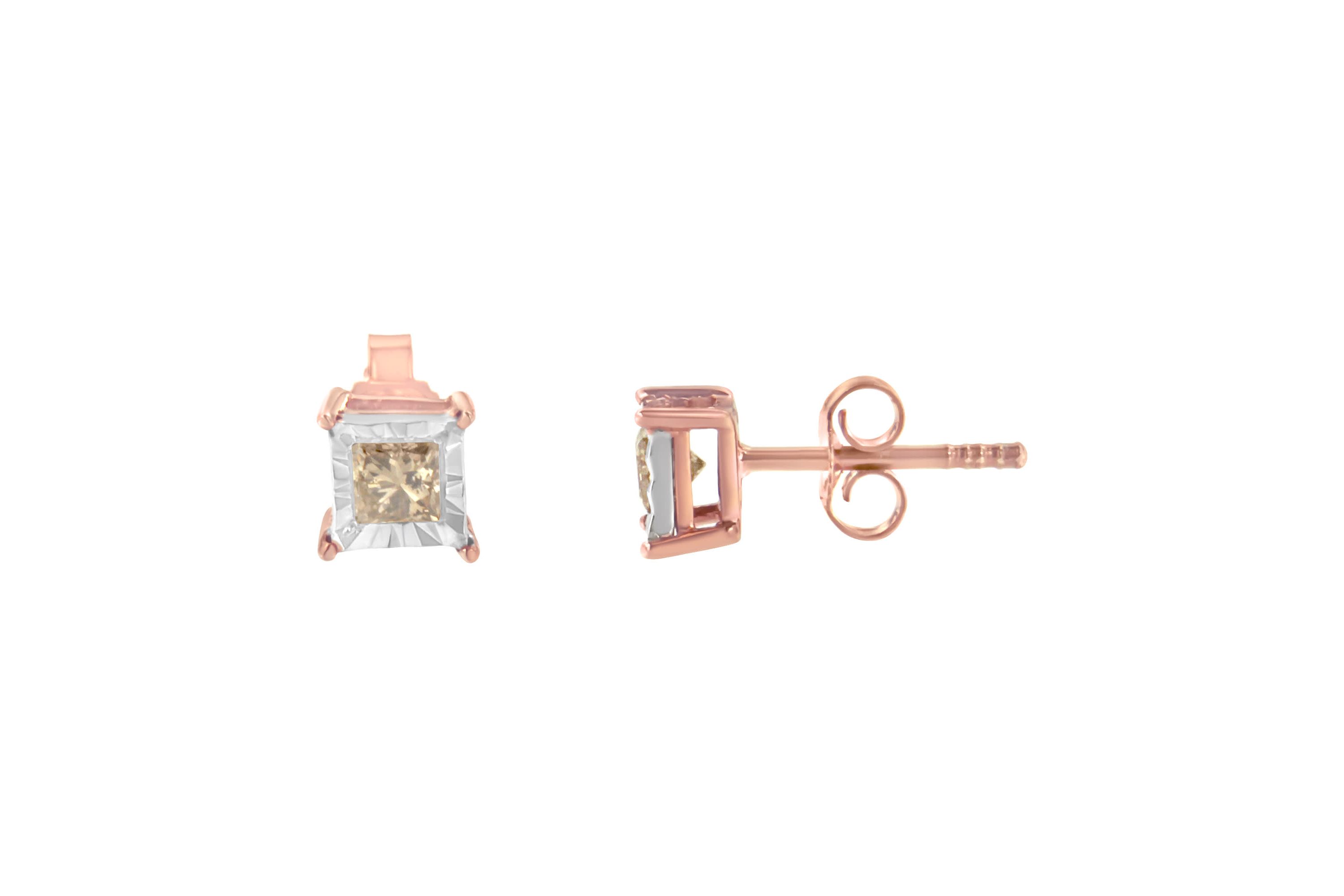14K Rose Gold Plated 1/2 Ct Princess Diamond Solitaire Stud Earrings