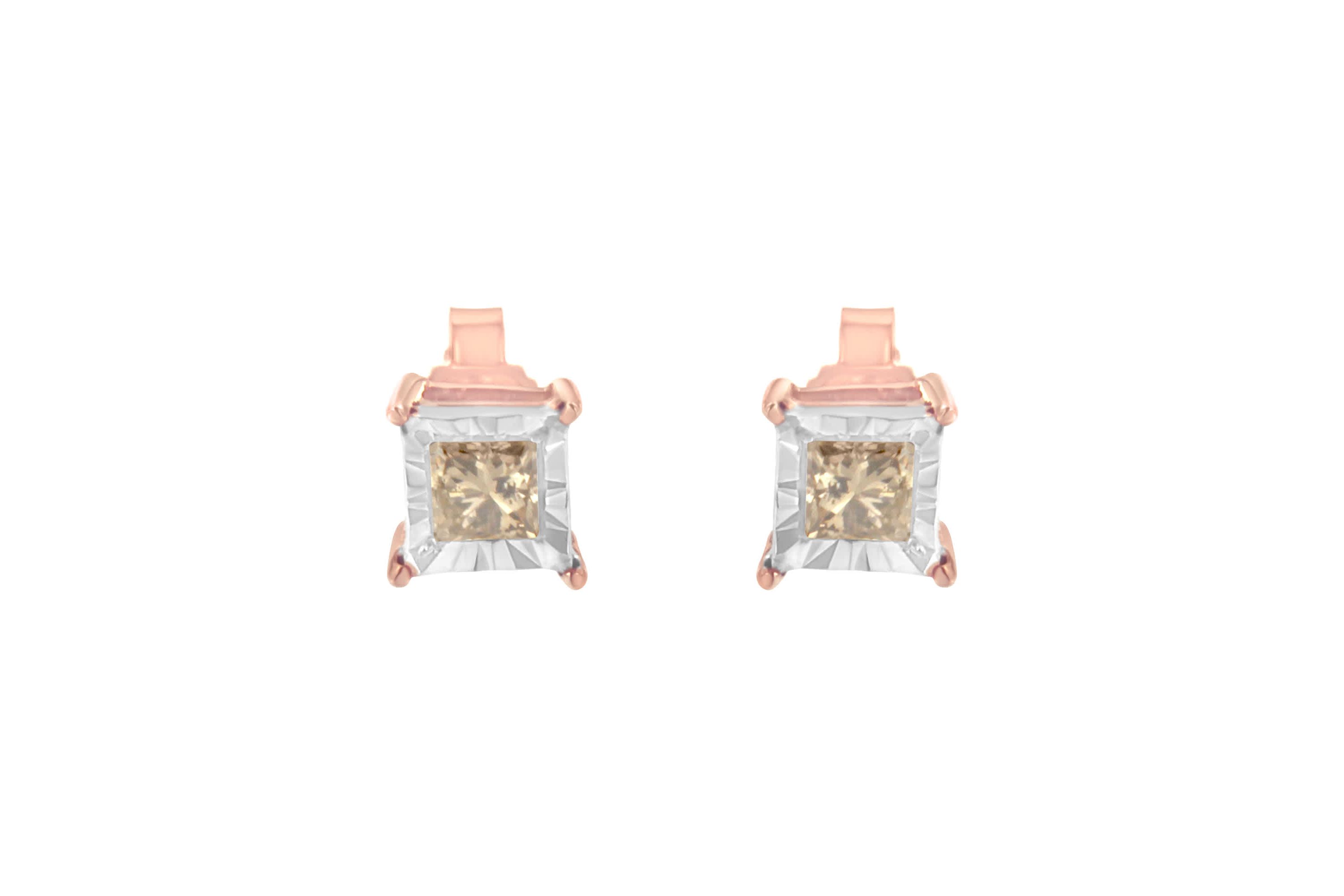 14K Rose Gold Plated 1/2 Ct Princess Diamond Solitaire Stud Earrings