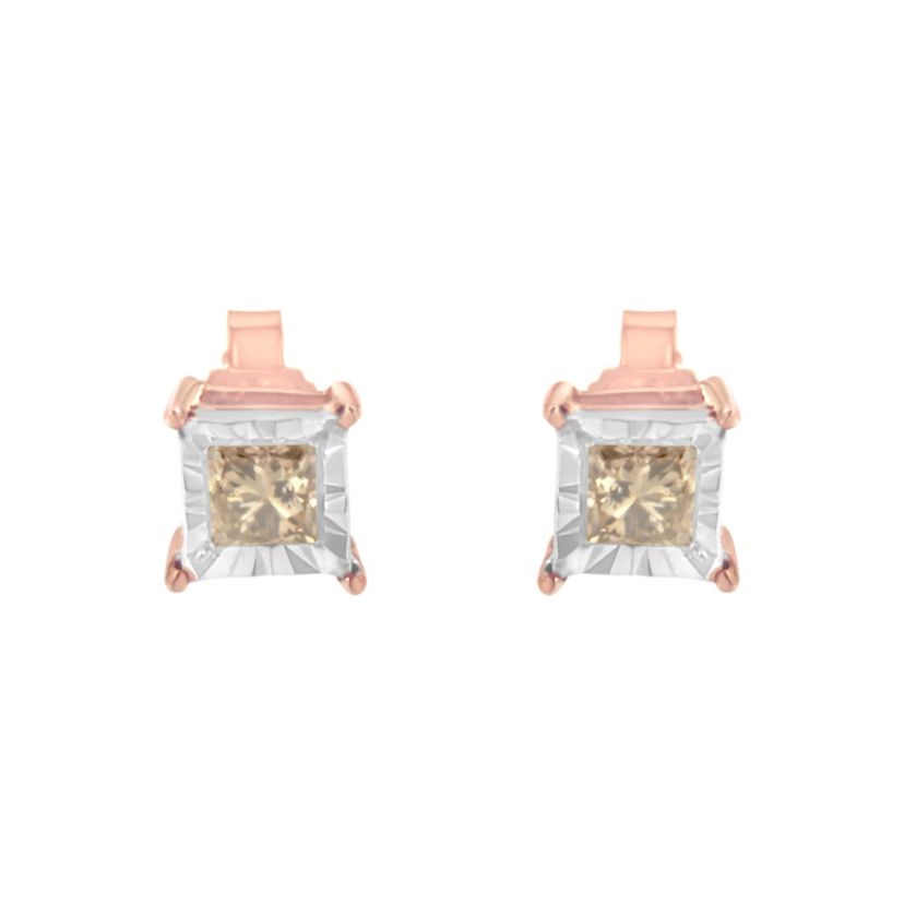 14K Rose Gold Plated 1/2 Ct Princess Diamond Solitaire Stud Earrings