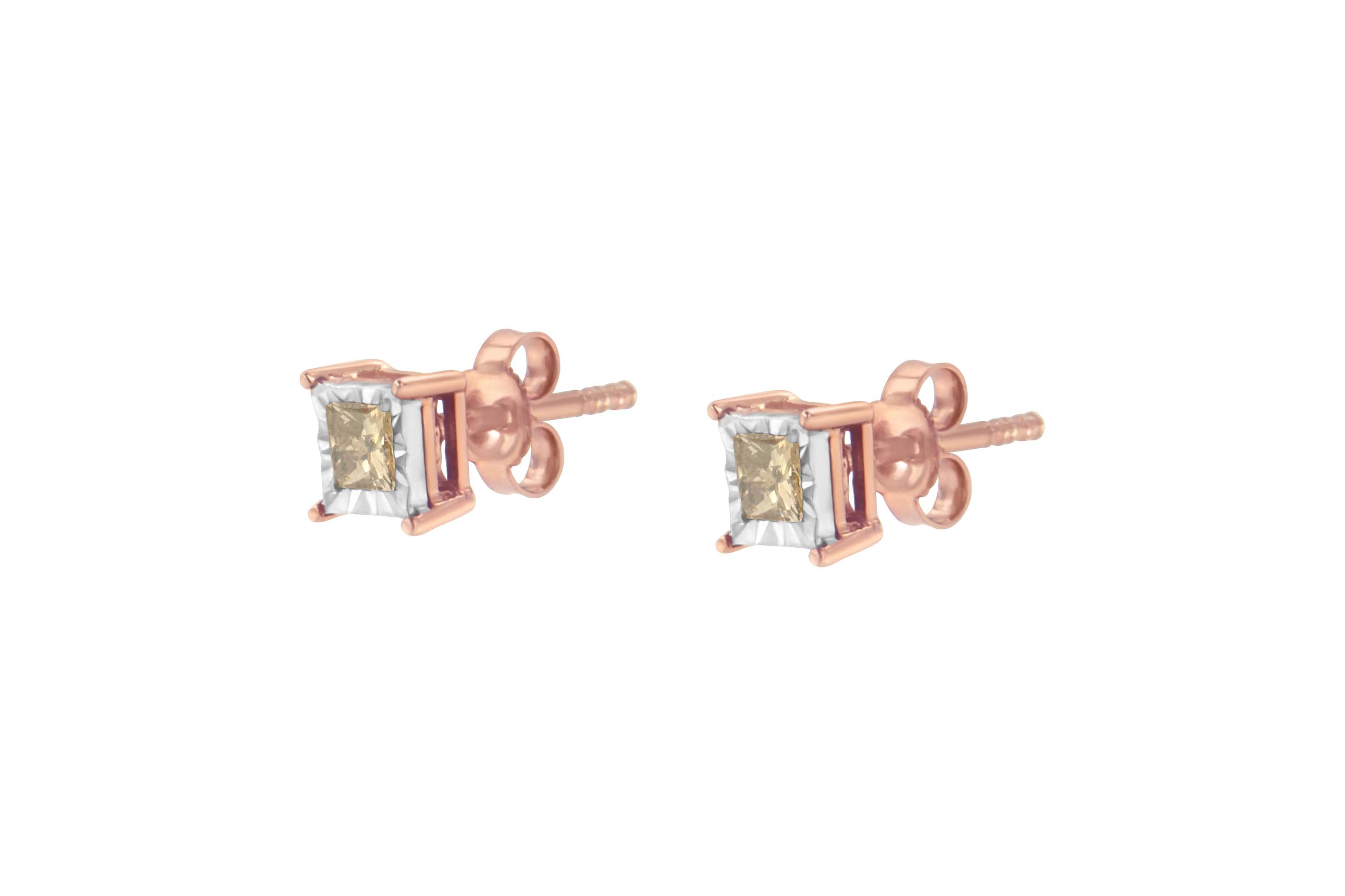 14K Rose Gold Plated 1/2 Ct Princess Diamond Solitaire Stud Earrings