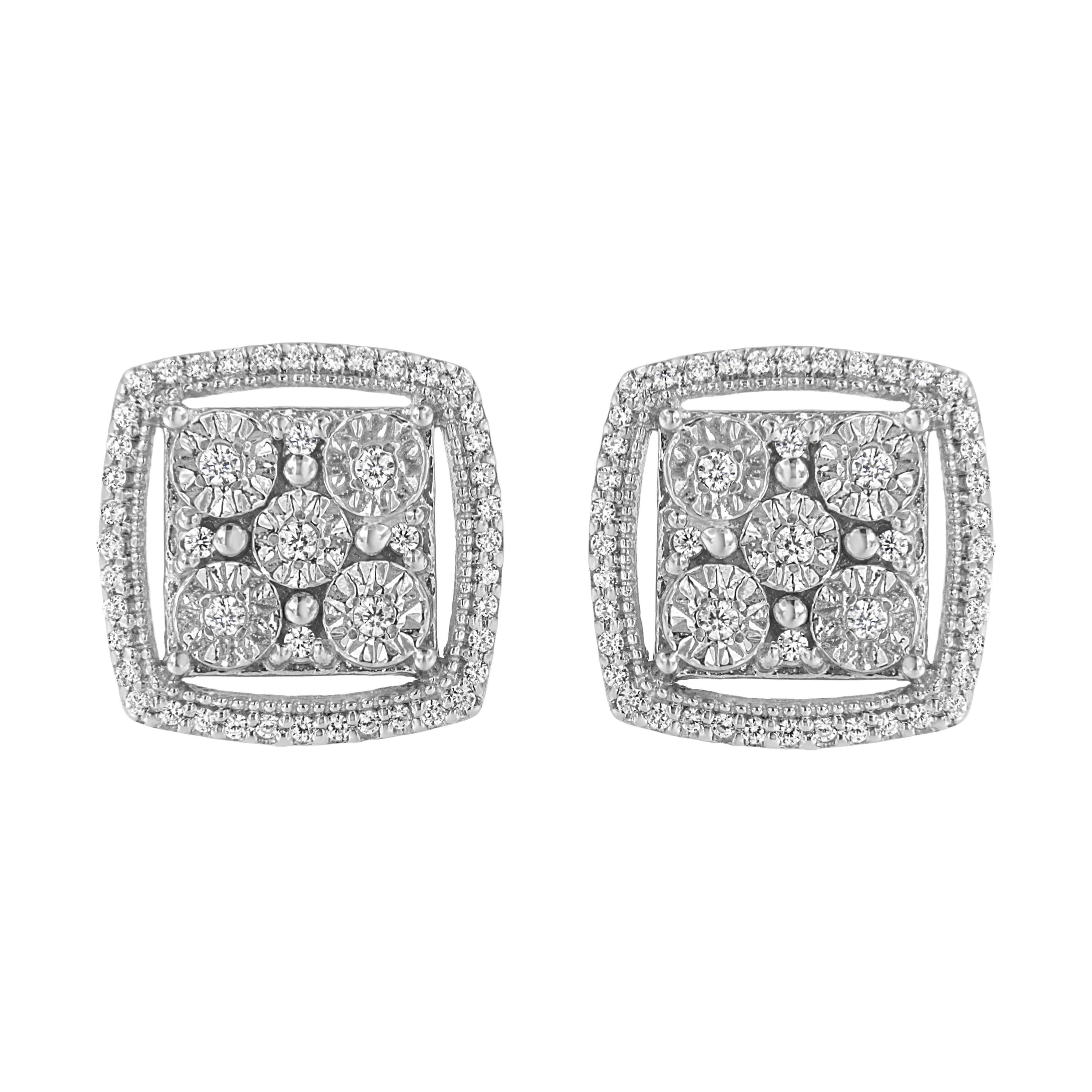 Silver 3/8 Ct Miracle Round Diamond Double Halo Cluster Earrings