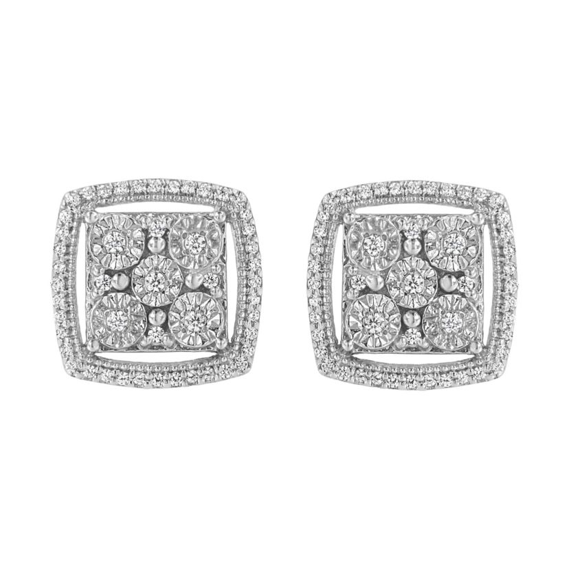 Silver 3/8 Ct Miracle Round Diamond Double Halo Cluster Earrings