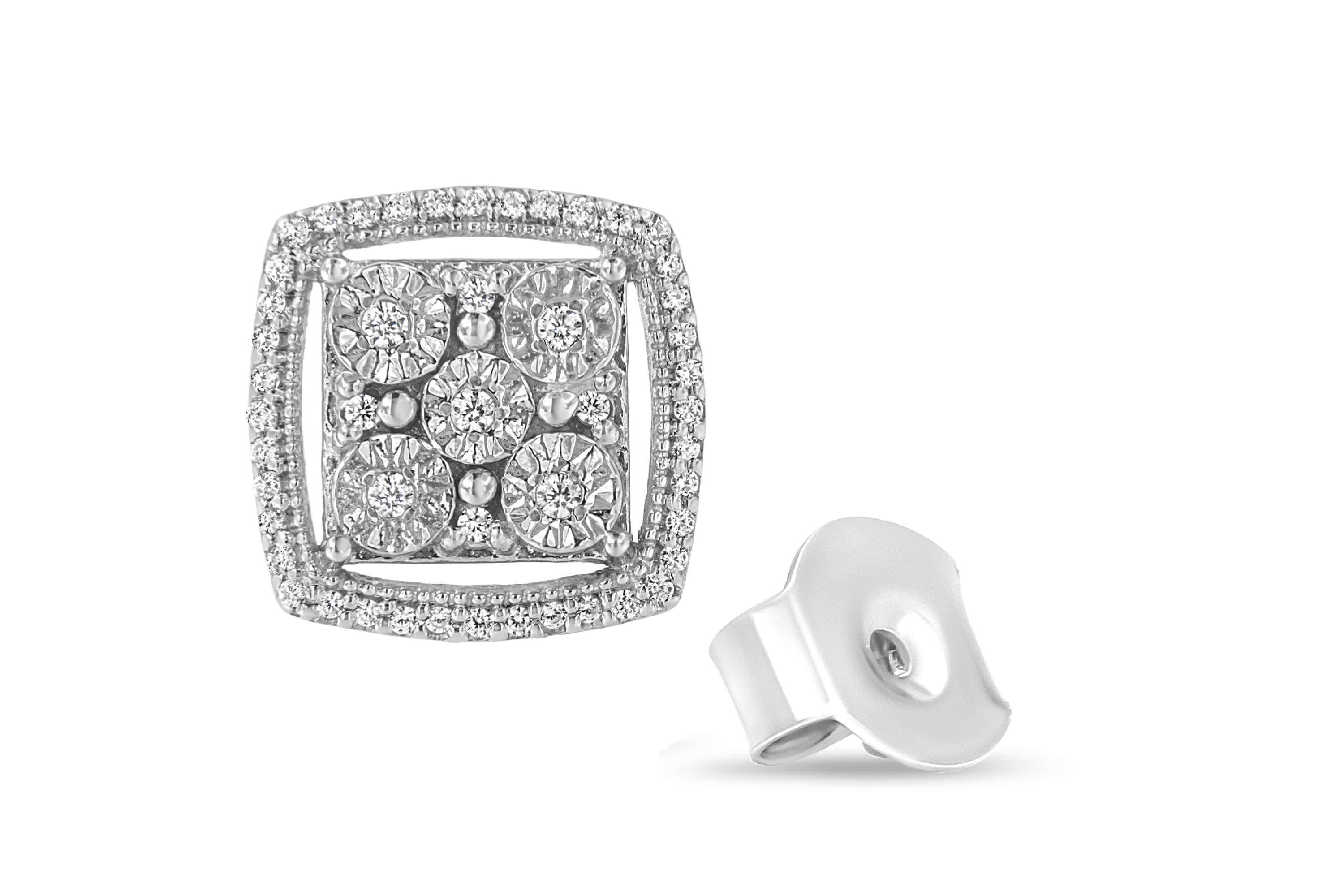 Silver 3/8 Ct Miracle Round Diamond Double Halo Cluster Earrings