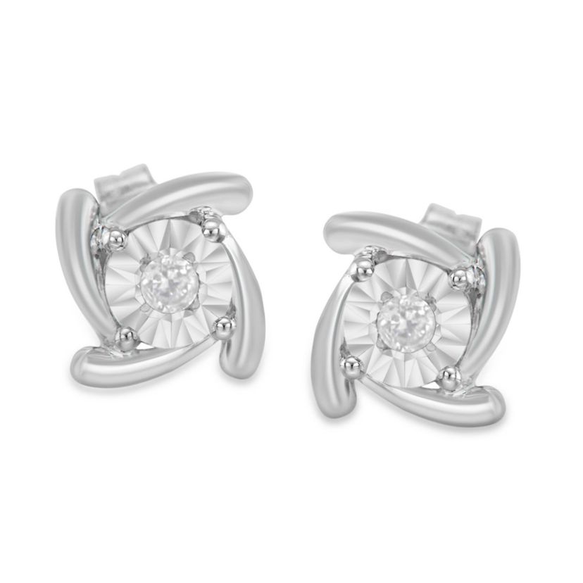 Silver 1/10 Ct Near Colorless Diamond Miracle- Square Pinwheel Stud Earrings