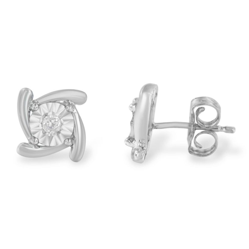 Silver 1/10 Ct Near Colorless Diamond Miracle- Square Pinwheel Stud Earrings
