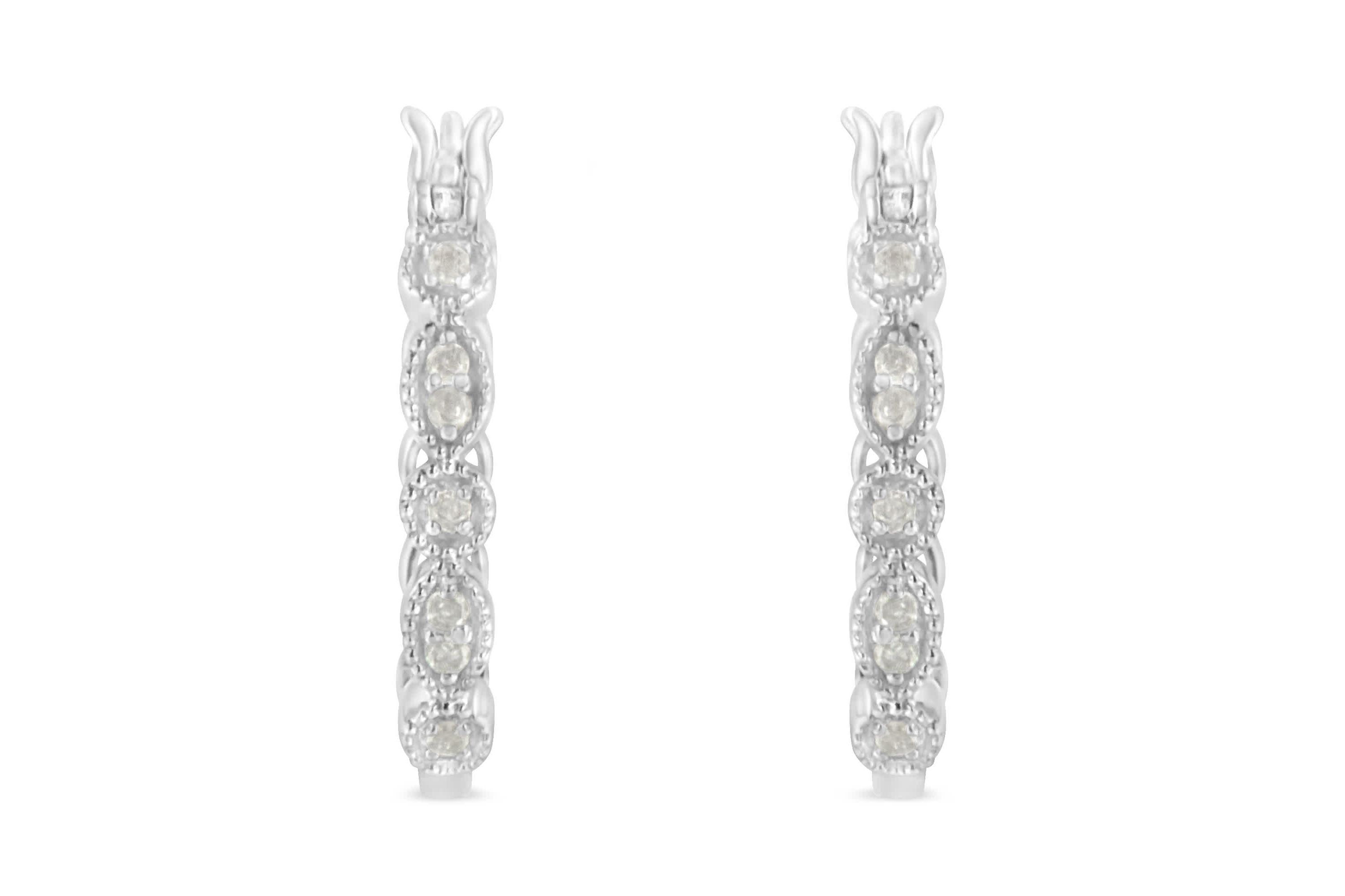 Silver 1/6 Ct Diamond Milgrain Hoop Earring