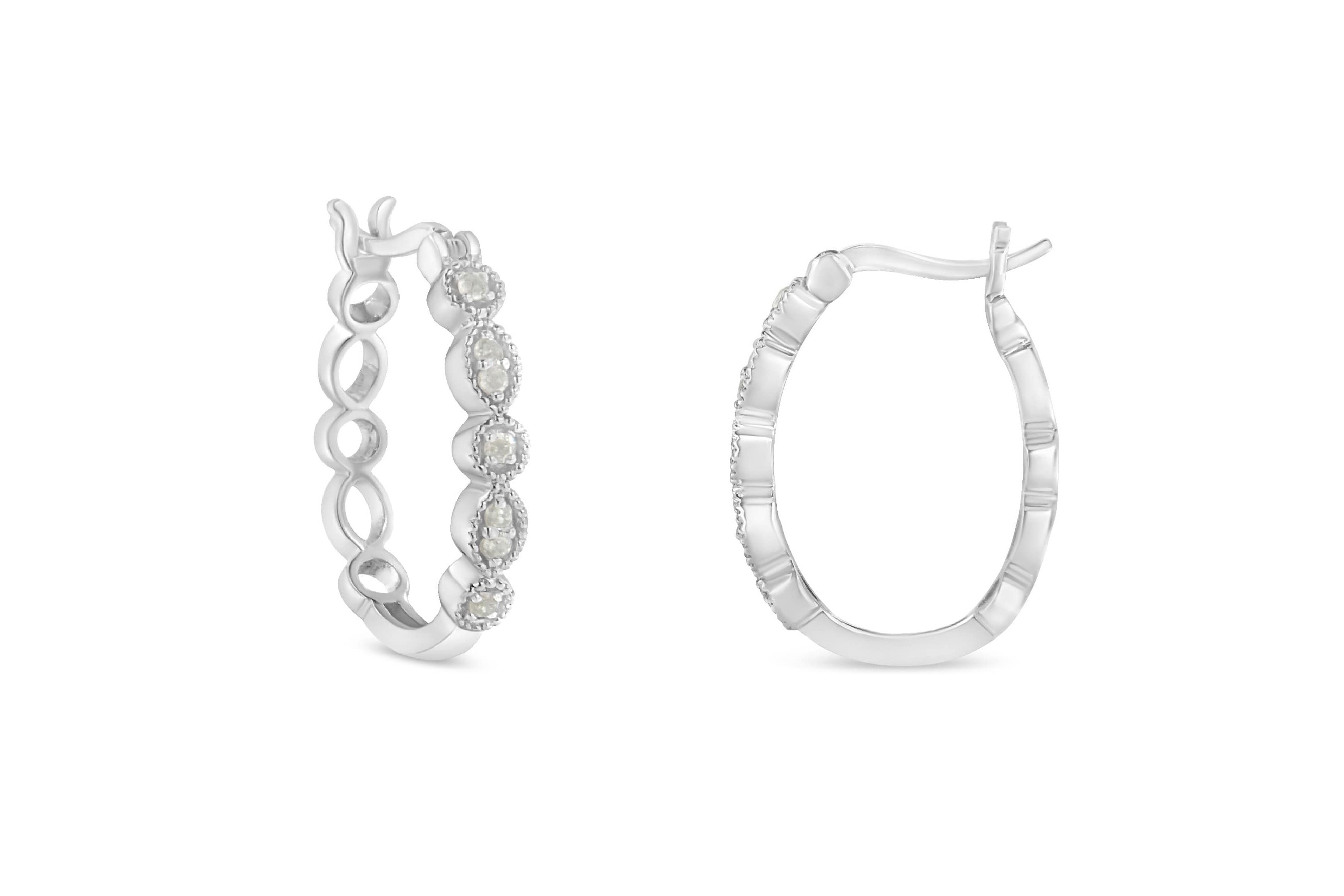Silver 1/6 Ct Diamond Milgrain Hoop Earring