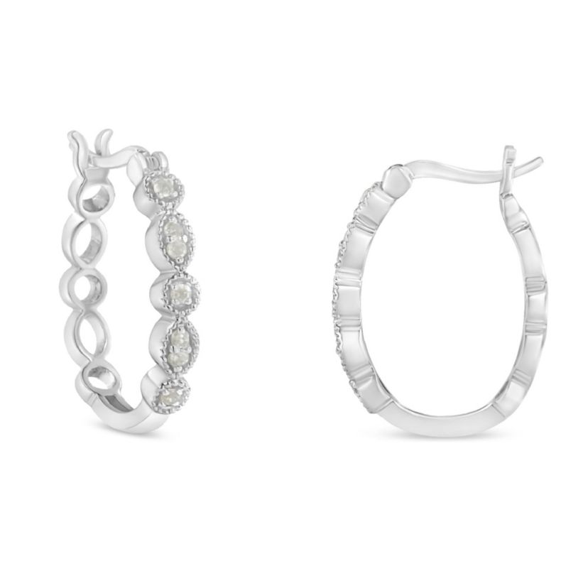 Silver 1/6 Ct Diamond Milgrain Hoop Earring